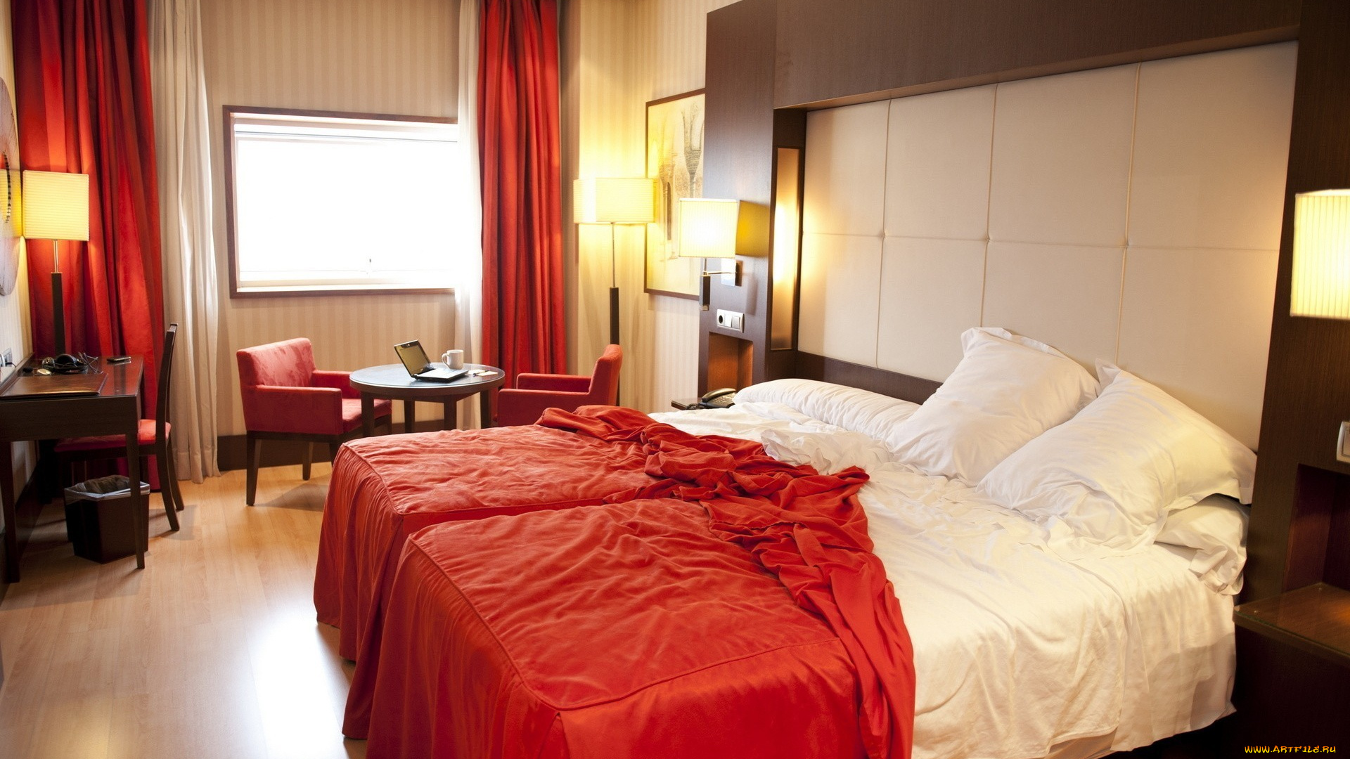 интерьер, спальня, дизайн, стиль, кровати, красный, квартира, комната