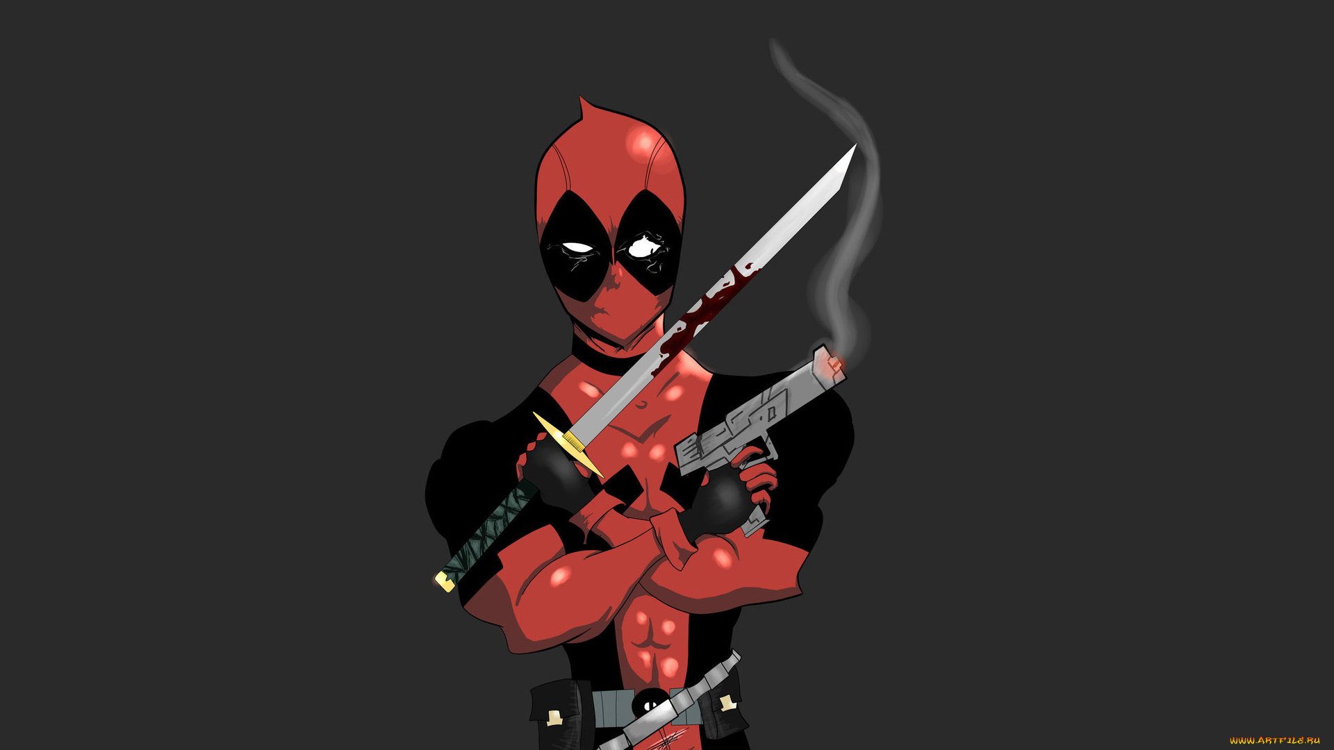 deadpool, рисованные, комиксы, дэдпул, красный, оружие, темный, фон