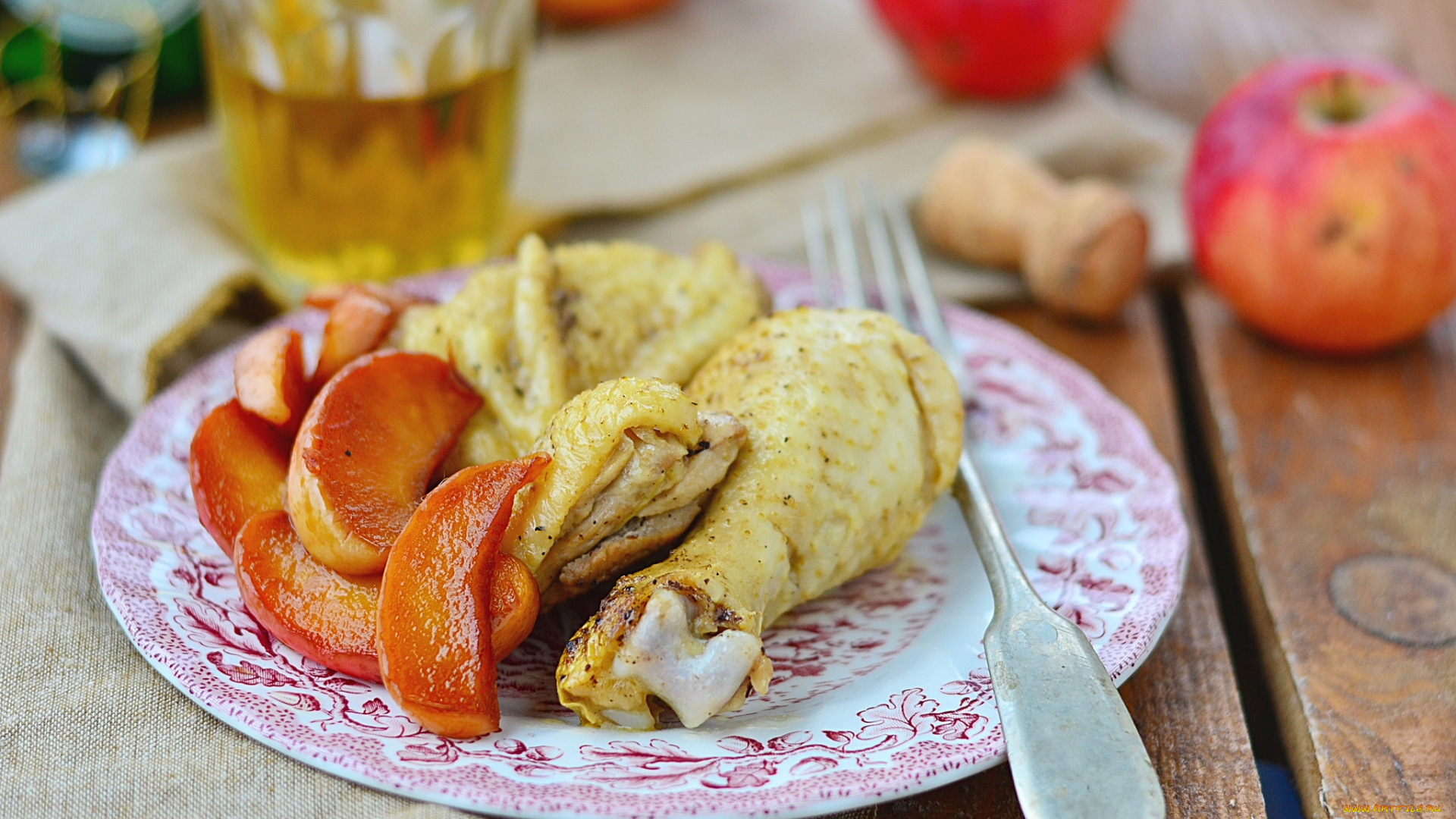 еда, мясные, блюда, мясо, дольки, яблок, вилка