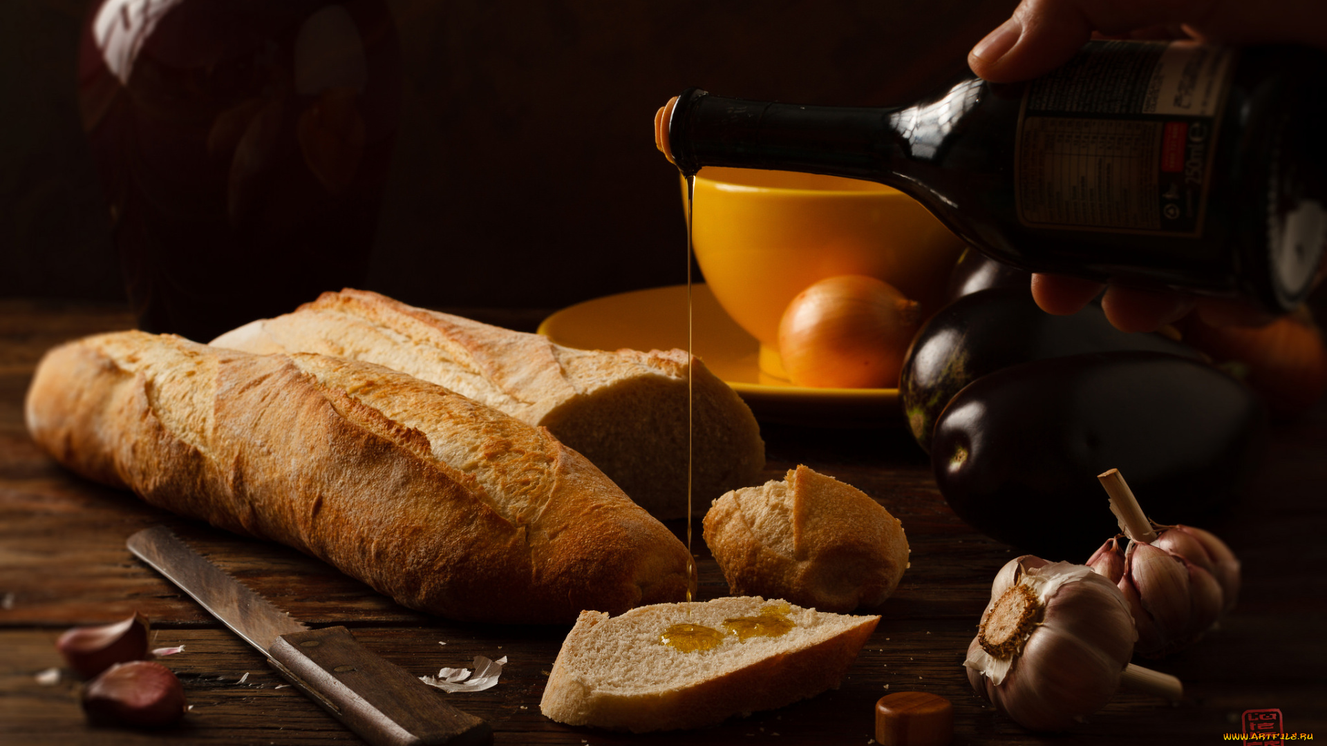 еда, разное, багет, оливковое, масло, чеснок