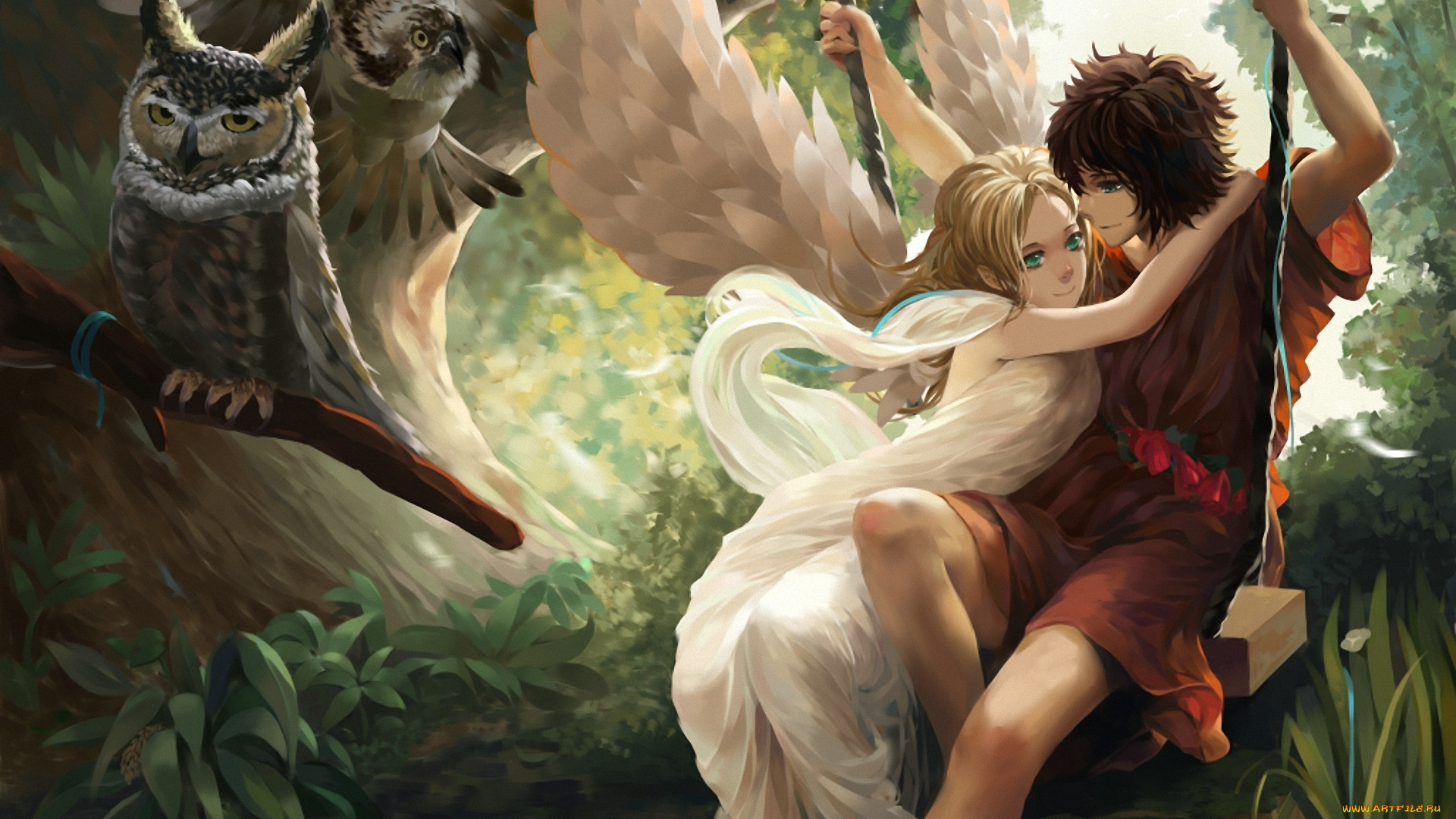 фэнтези, ангелы, лес, парень, ангел, совы, качели