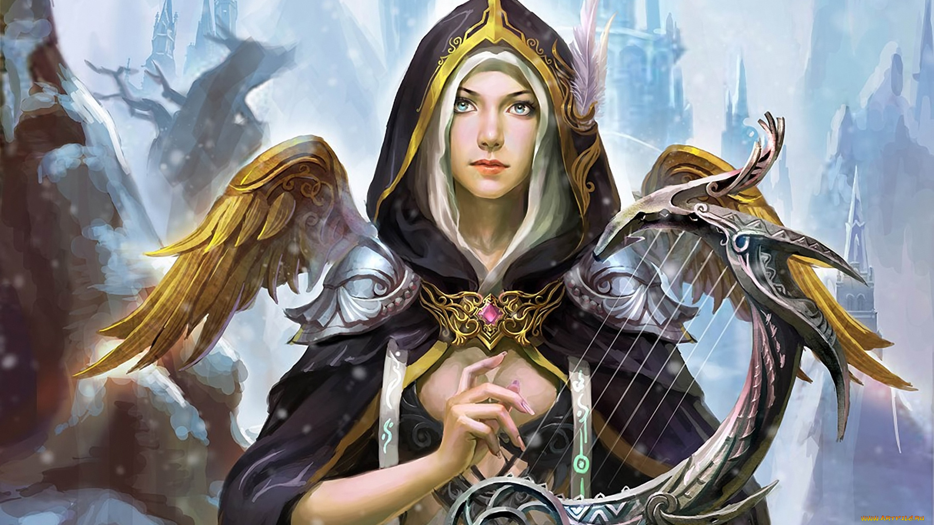 фэнтези, ангелы, струнный, инструмент, зима, шпили, башни, крылья, ангел