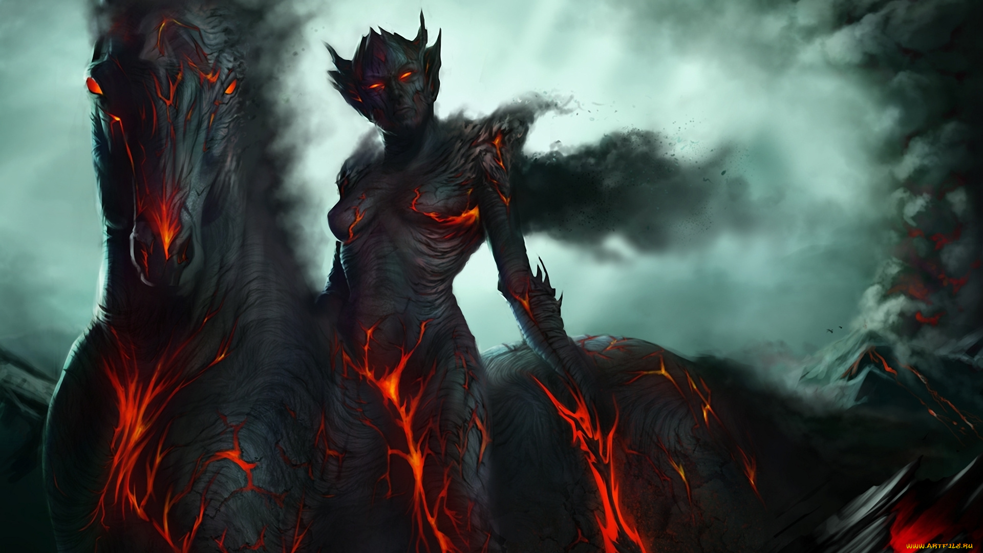 фэнтези, демоны, вулкан, дым, адский, конь, демон