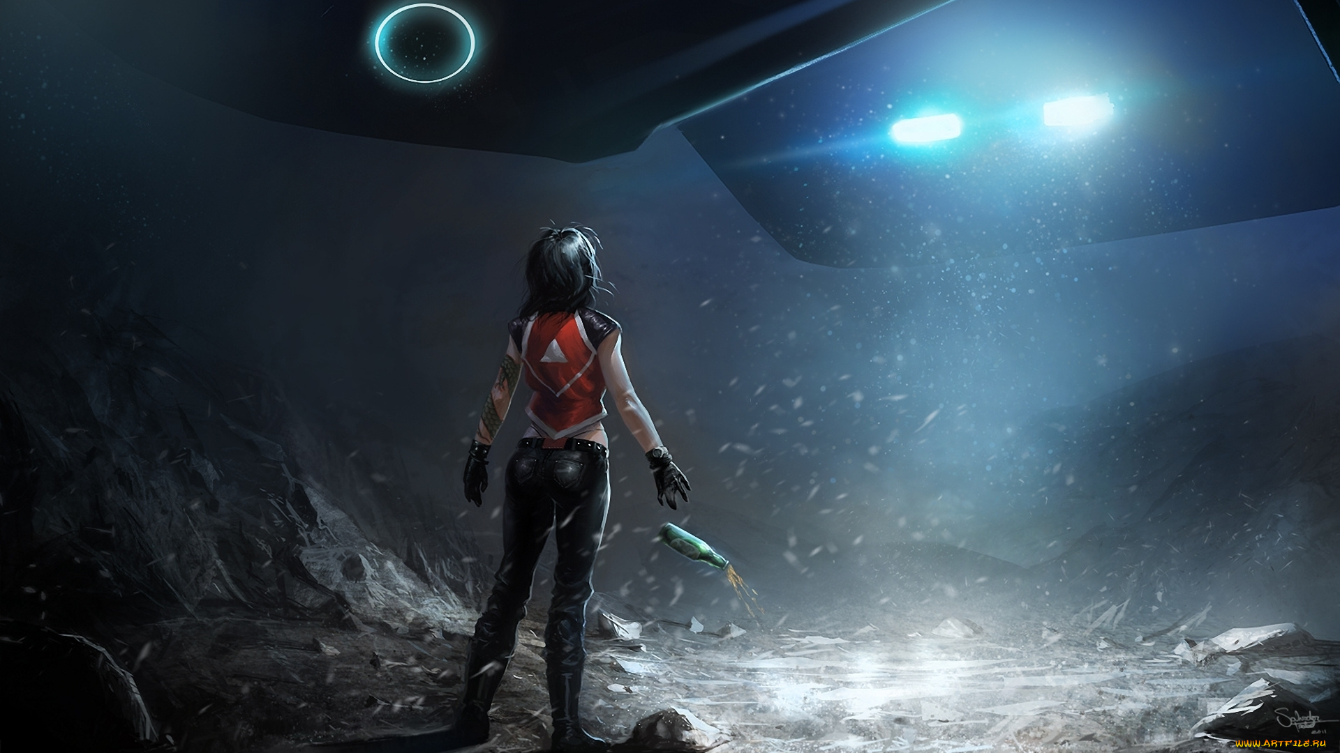 фэнтези, девушки, девушка, бутылка, свет, летающий, аппарат