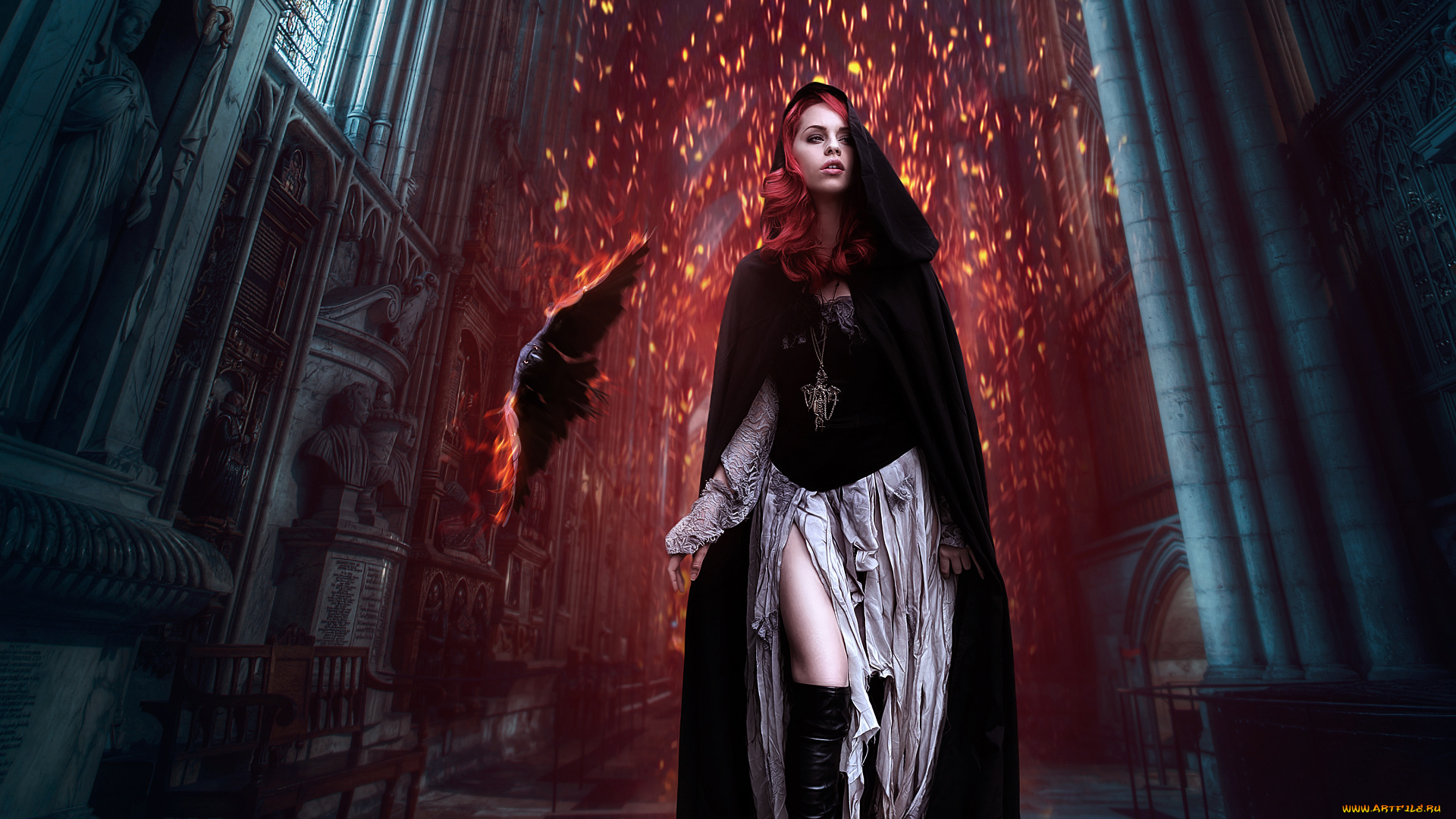 фэнтези, фотоарт, ворон, огонь