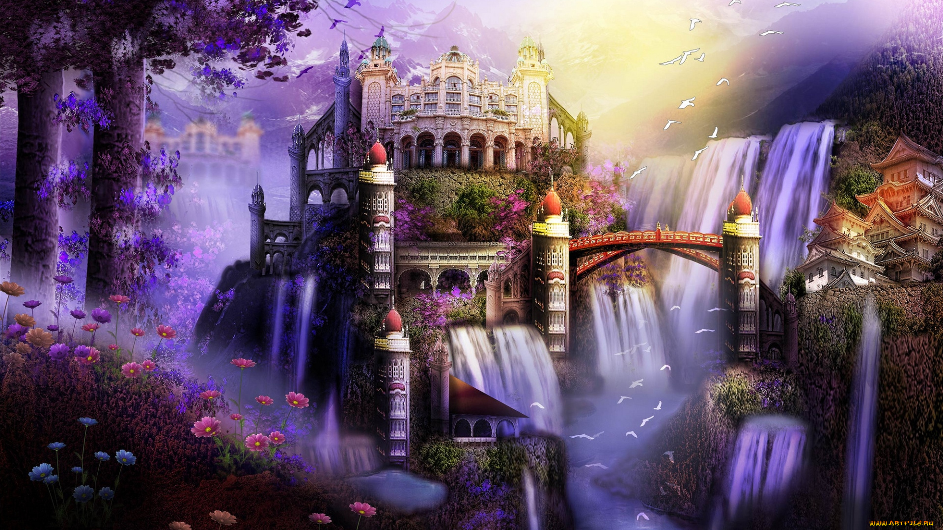 фэнтези, фотоарт, замок, водопад