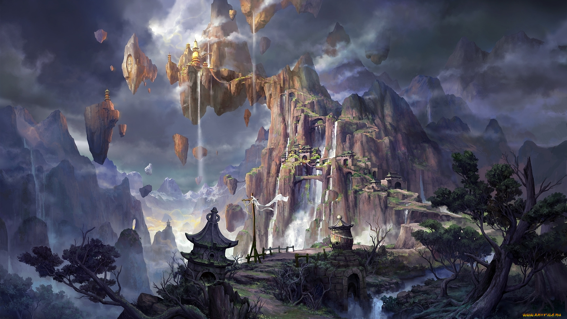 фэнтези, иные, миры, , иные, времена, сооружения, скалы, водопады, летающие, мир, иной