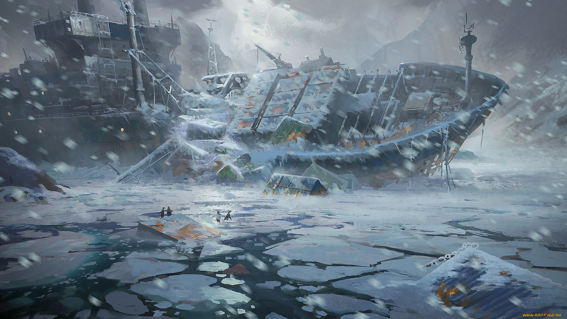 фэнтези, корабль, танкер, катастрофа, льды, пингвины