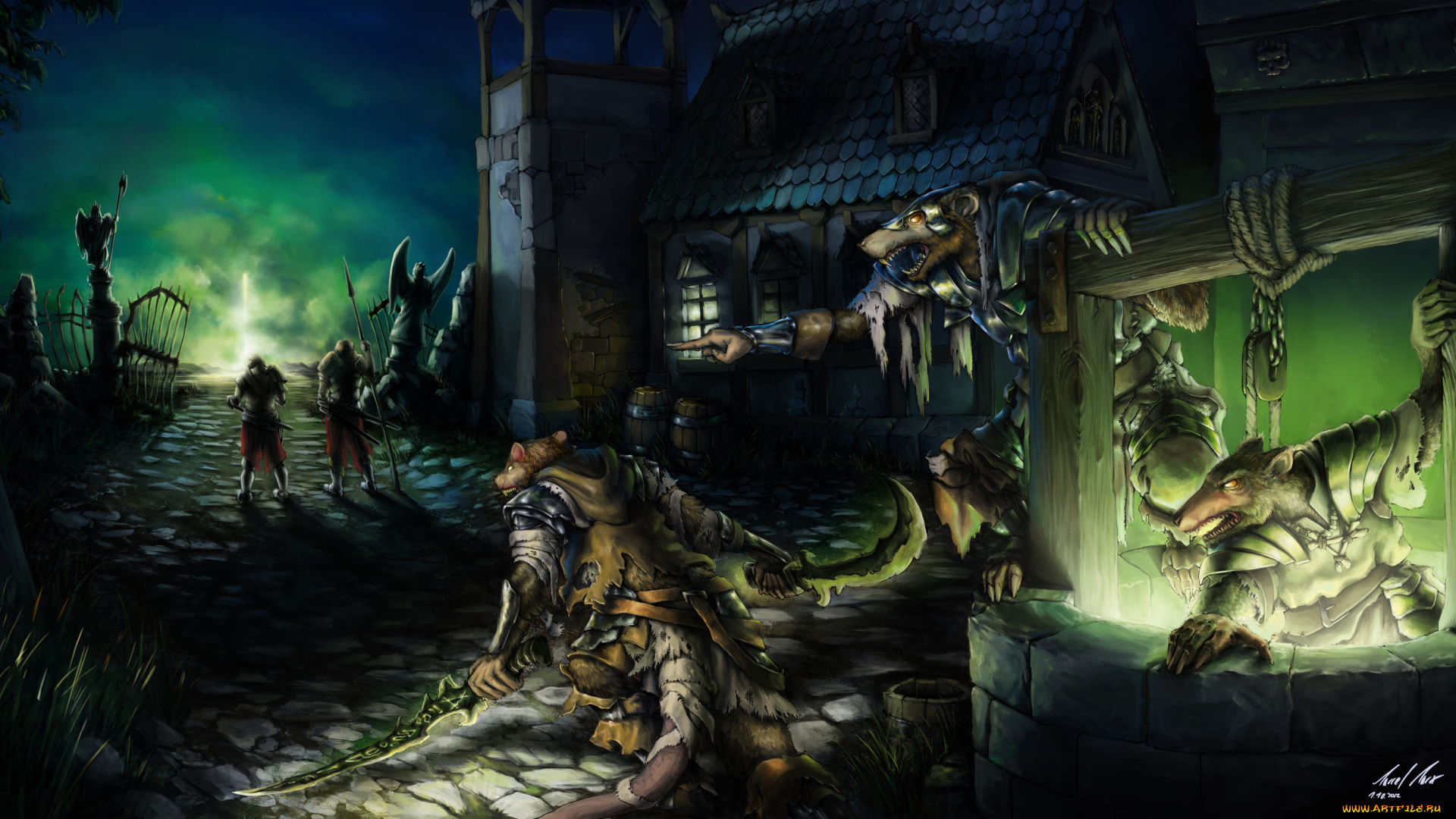 фэнтези, существа, нападение, мутанты, крысы, воины, мир, иной, колодец