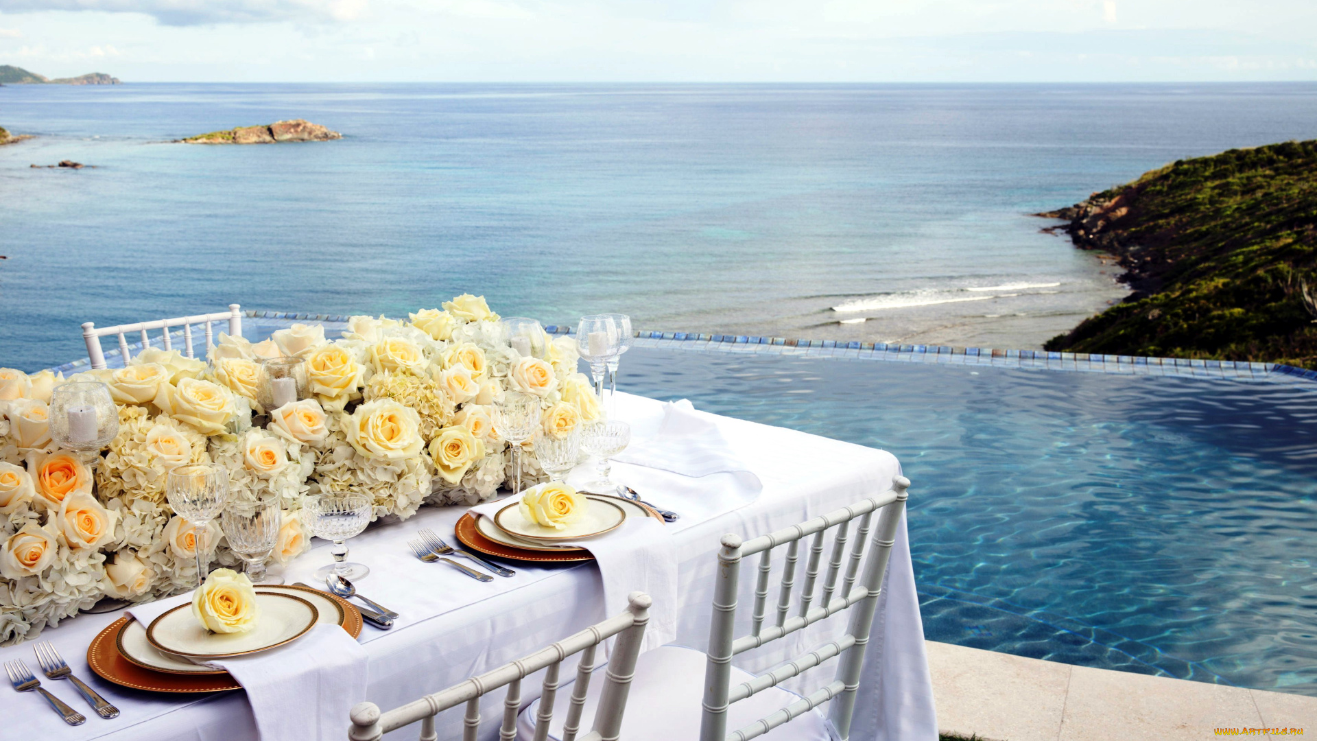 интерьер, декор, , отделка, , сервировка, розы, пейзаж, свечи, приборы, стол, бокалы