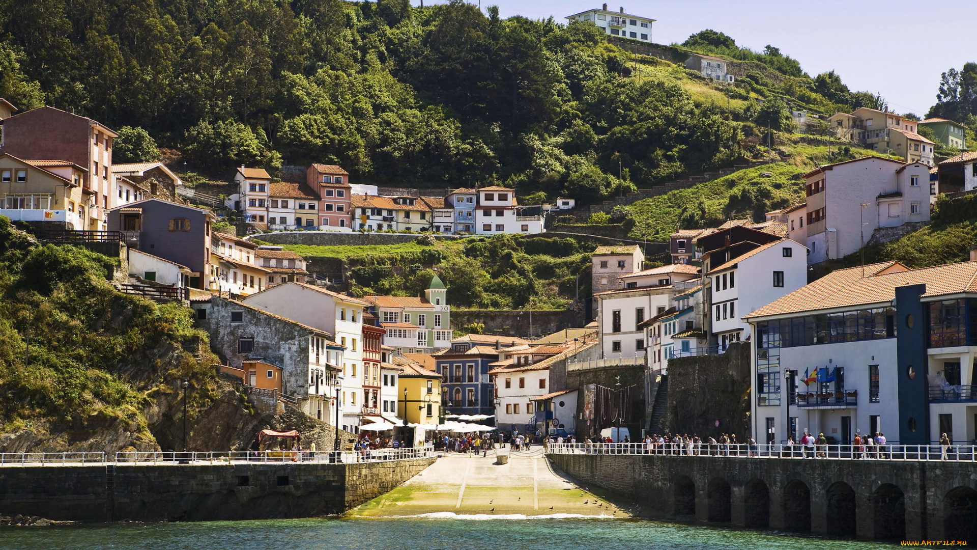 кантабрия, испания, города, -, улицы, , площади, , набережные, кантабрия, испания, дома, трава, деревья, залив, побережье