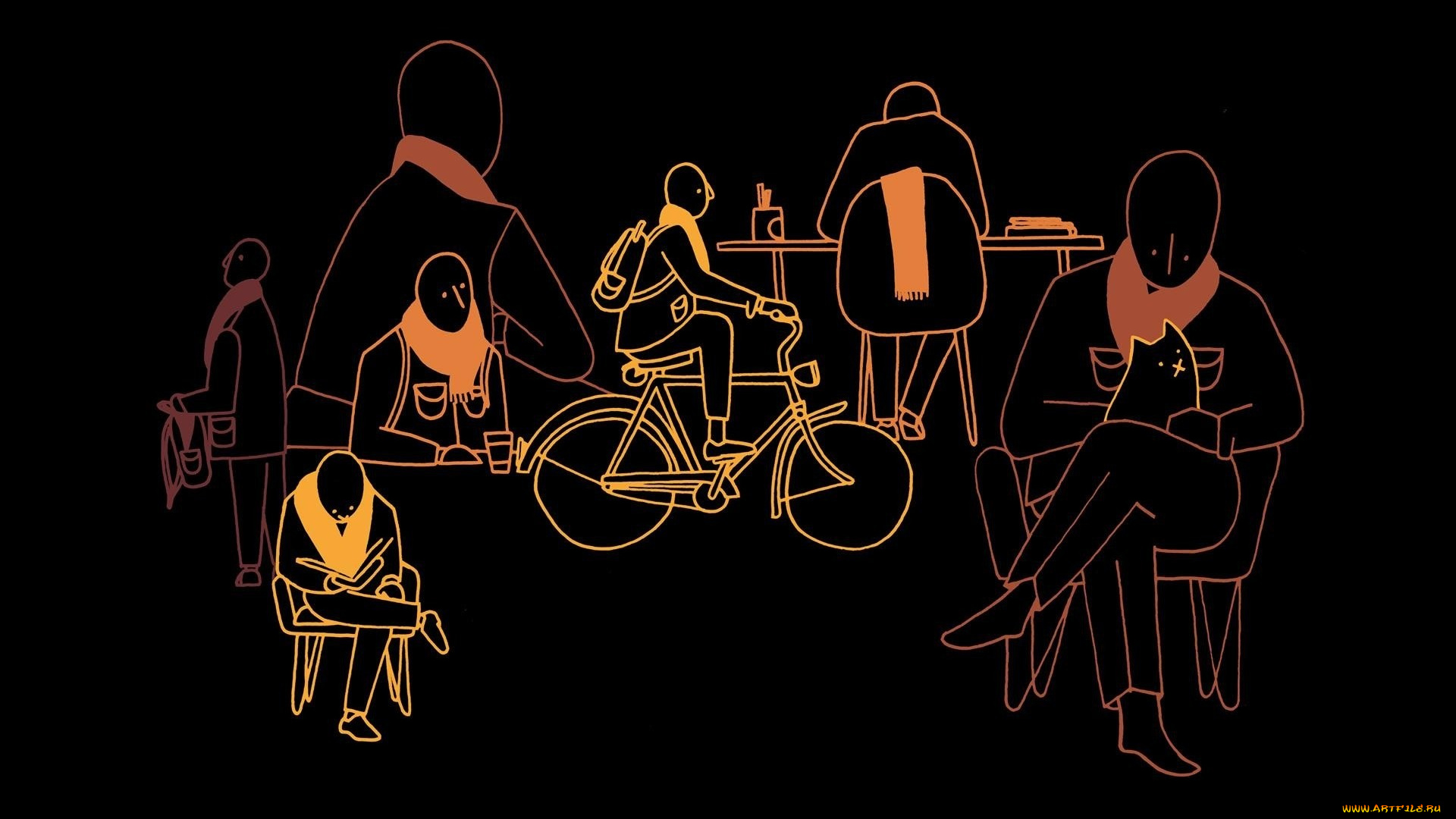 рисованные, минимализм, чёрный, фон, персонажи, люди