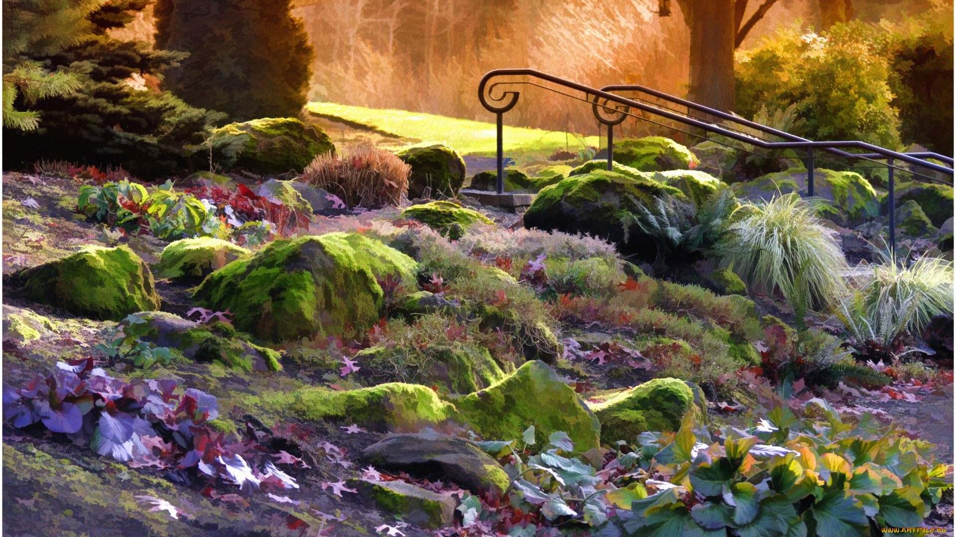 рисованные, природа, камни, лестница