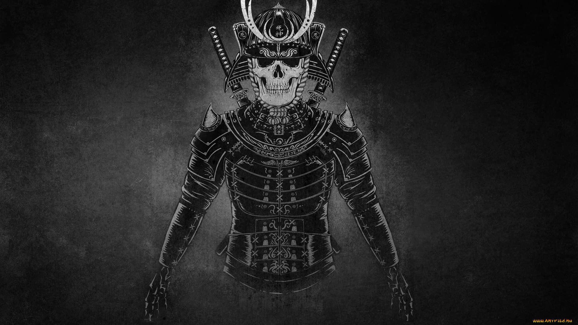 самурай, скелет, фэнтези, нежить, самурай, шлем, череп, скелет, мечи, темный, фон