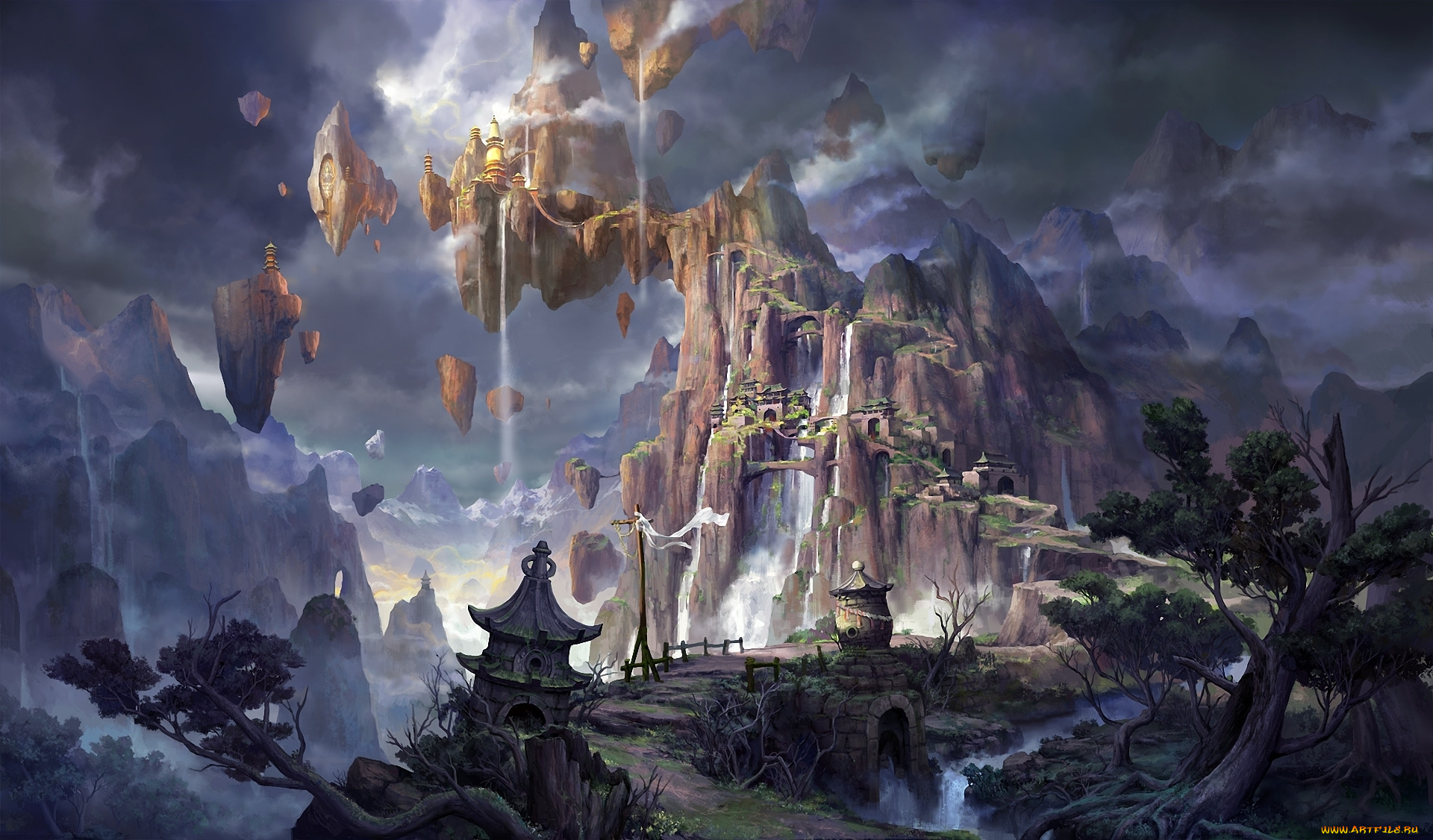 фэнтези, иные, миры, , иные, времена, сооружения, скалы, водопады, летающие, мир, иной