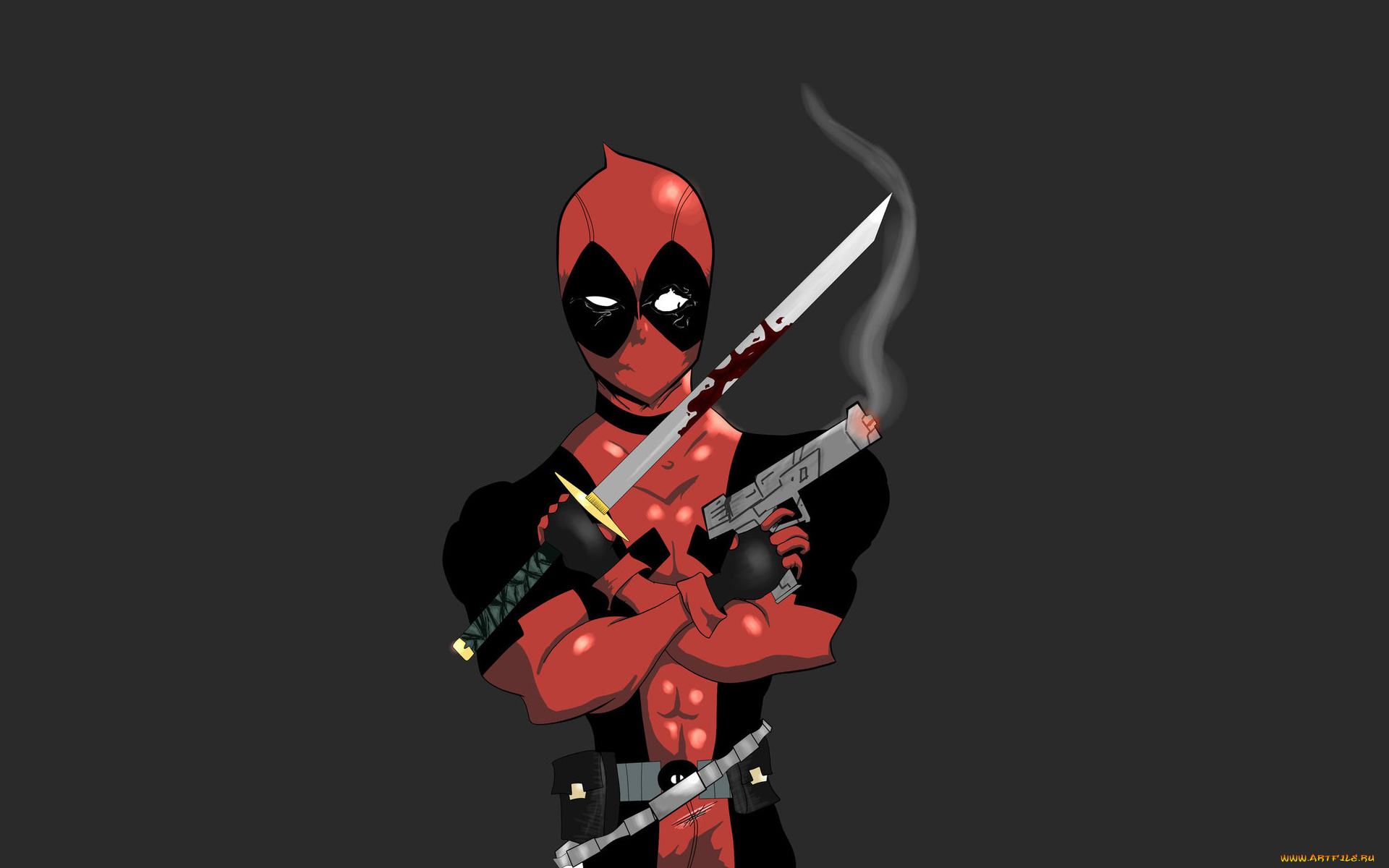 deadpool, рисованные, комиксы, дэдпул, красный, оружие, темный, фон