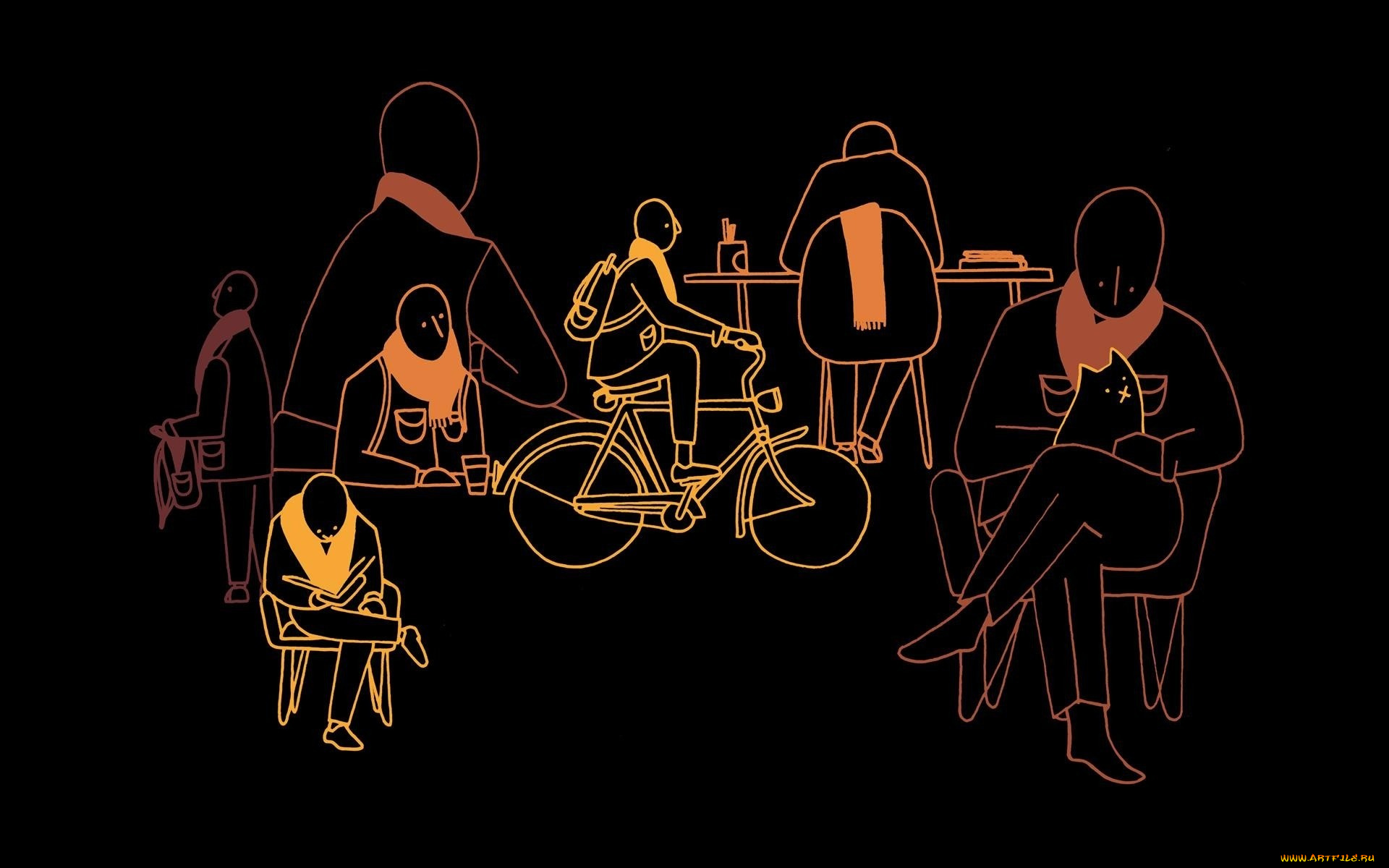рисованные, минимализм, чёрный, фон, персонажи, люди
