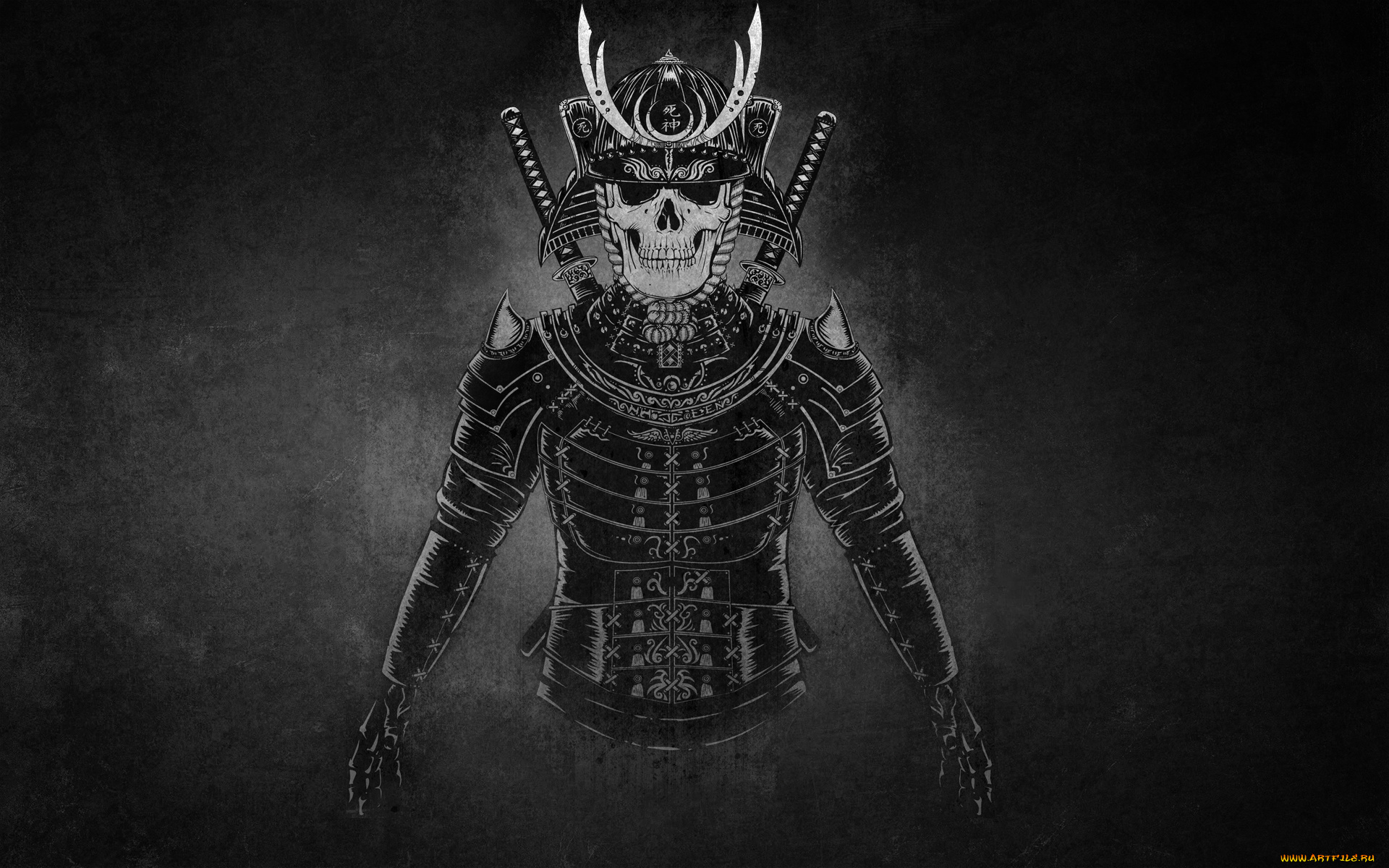 самурай, скелет, фэнтези, нежить, самурай, шлем, череп, скелет, мечи, темный, фон