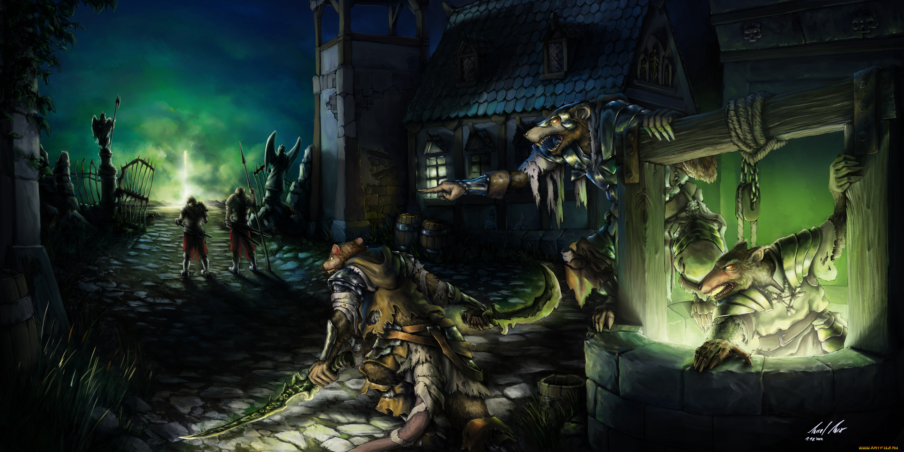 фэнтези, существа, нападение, мутанты, крысы, воины, мир, иной, колодец