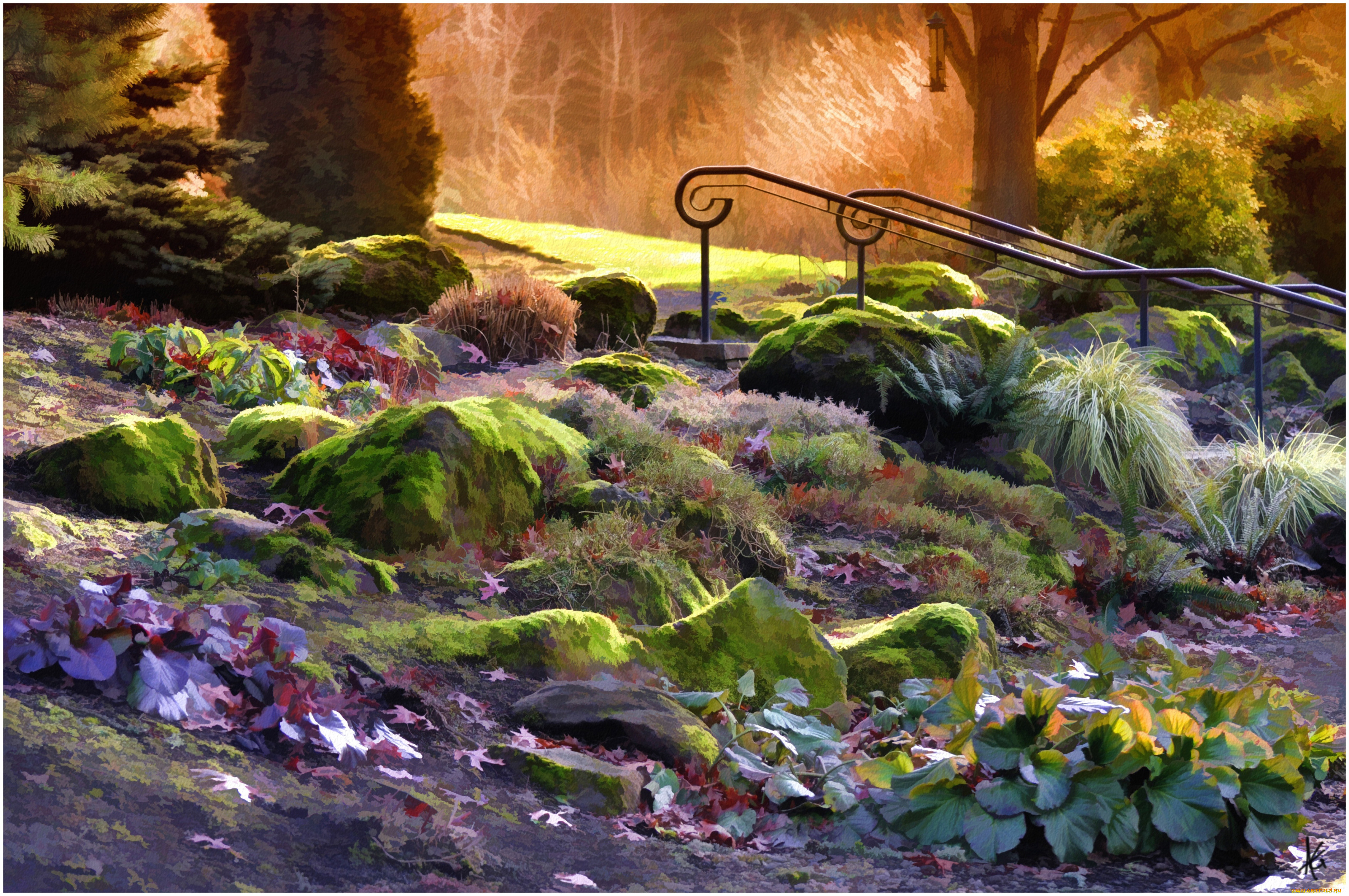 рисованные, природа, камни, лестница