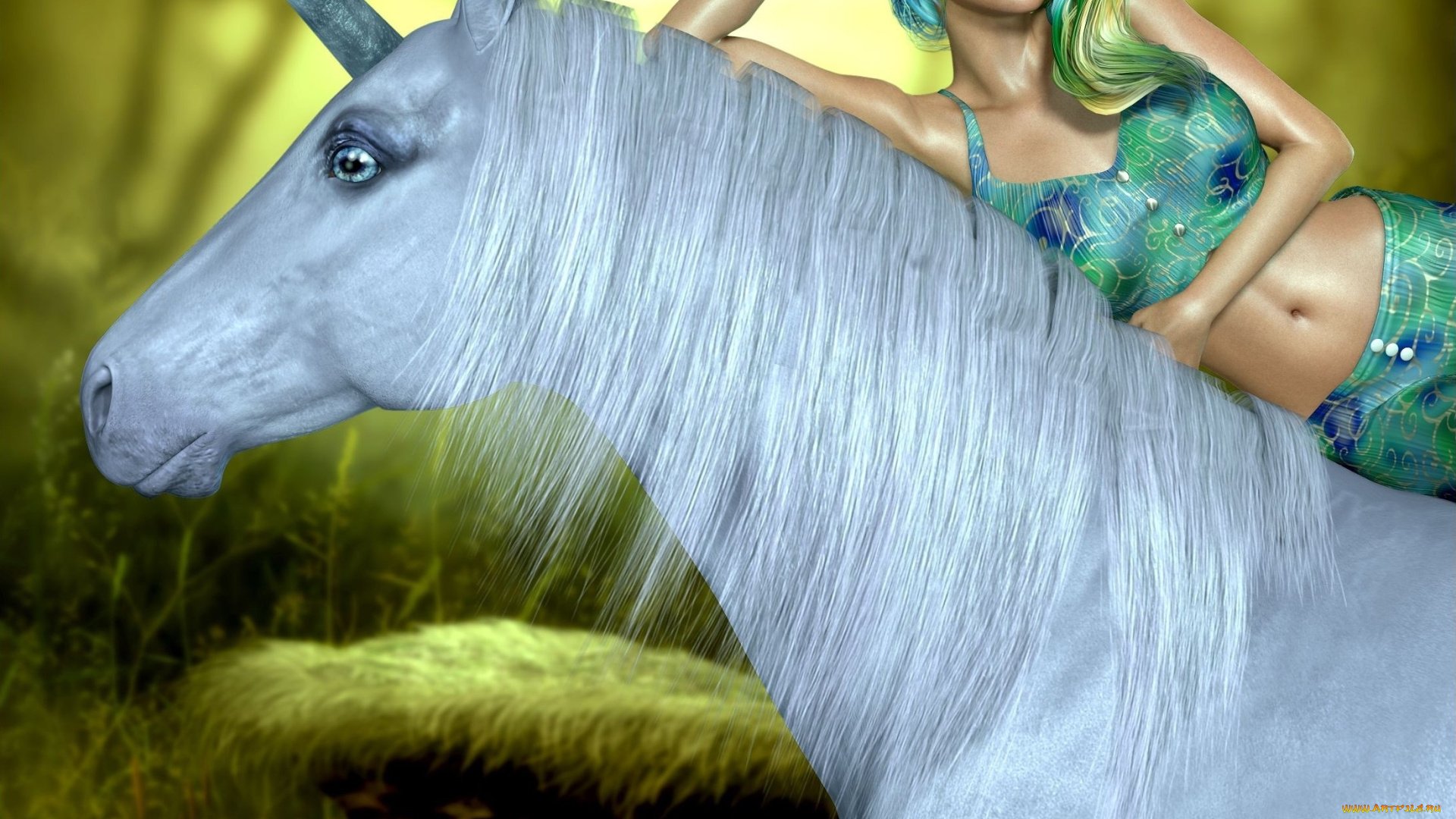 3д, графика, эльфы, , elves, единорог, фон, взгляд, эльфийка