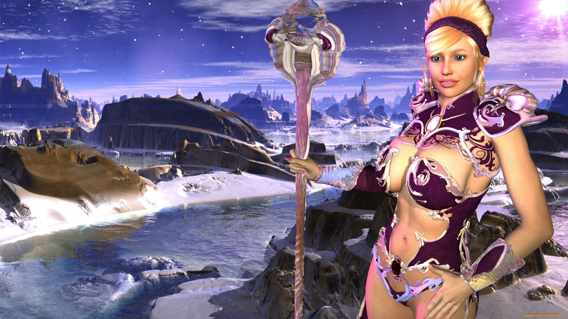 3д, графика, фантазия, , fantasy, девушка, взгляд, фон, блондинка, улыбка, шест, река, горы