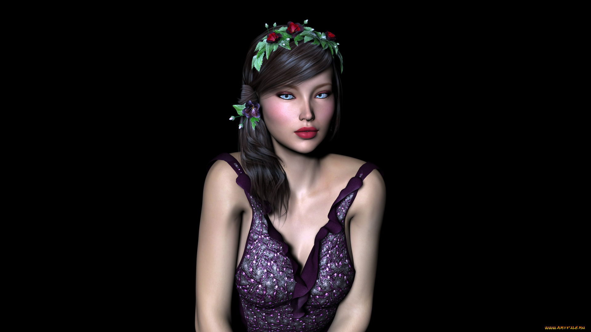 3д, графика, люди, , people, цветы, венок, фон, взгляд, девушка