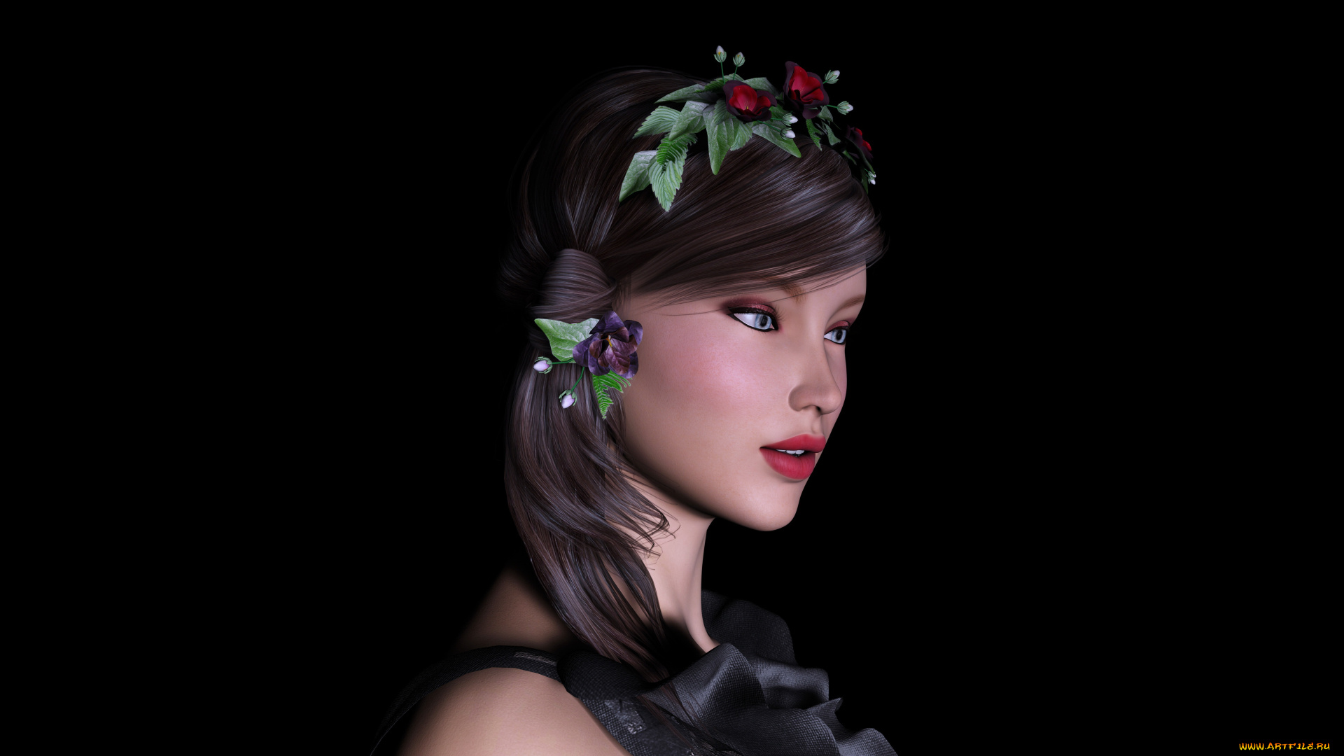 3д, графика, портрет, , portraits, цветы, венок, фон, девушка, взгляд