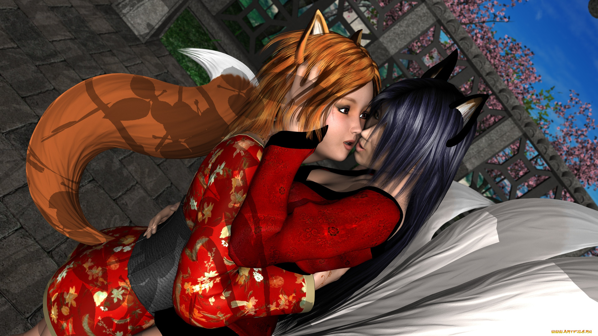 3д, графика, существа, , creatures, фон, взгляд, девушки, кошка