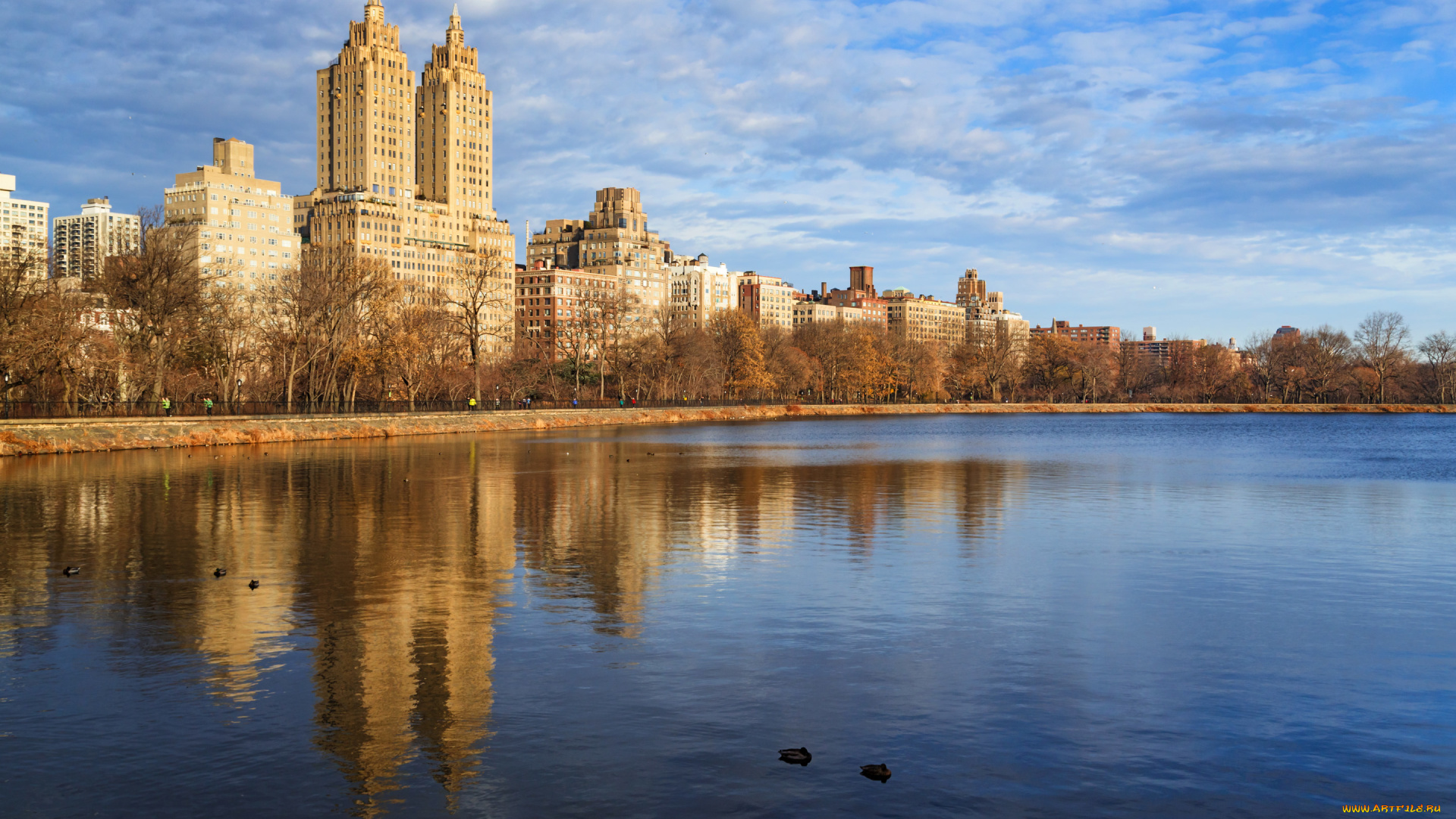 города, нью-йорк, , сша, дома, небо, центральный, парк, нью-йорк, пруд, пейзаж