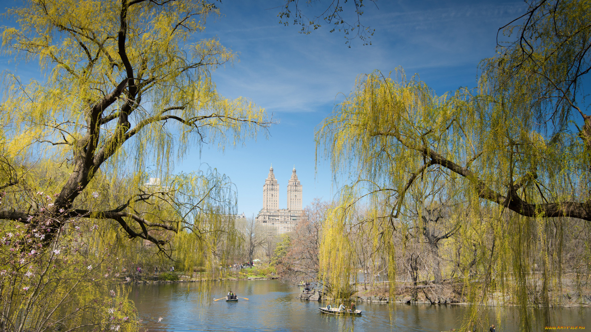 города, нью-йорк, , сша, лодка, пруд, дома, небо, центральный, парк, нью-йорк, люди, деревья, весна