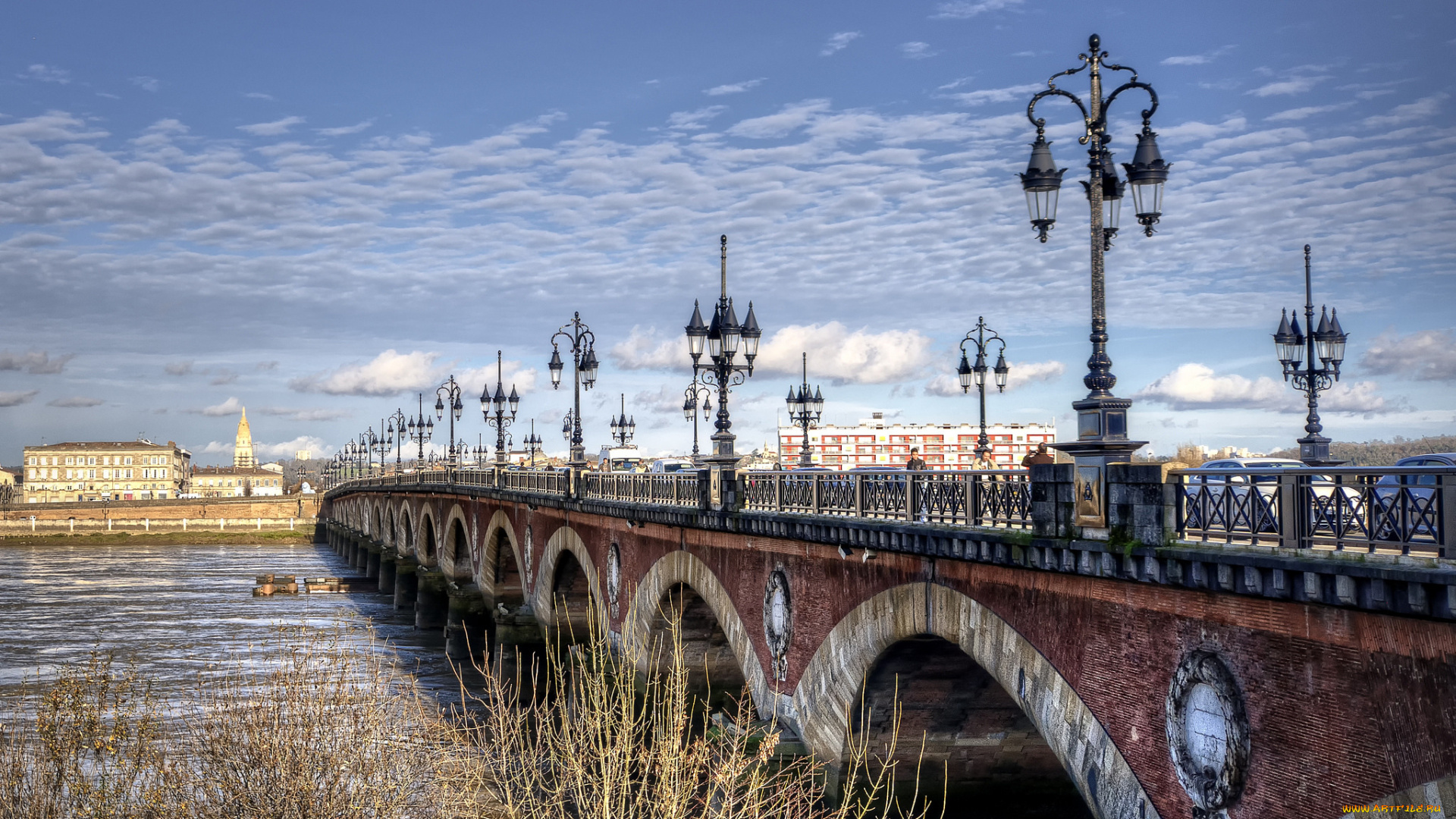 le, pont, de, pierre, sur, la, garonne, города, -, мосты, облака, фонари, мост, река