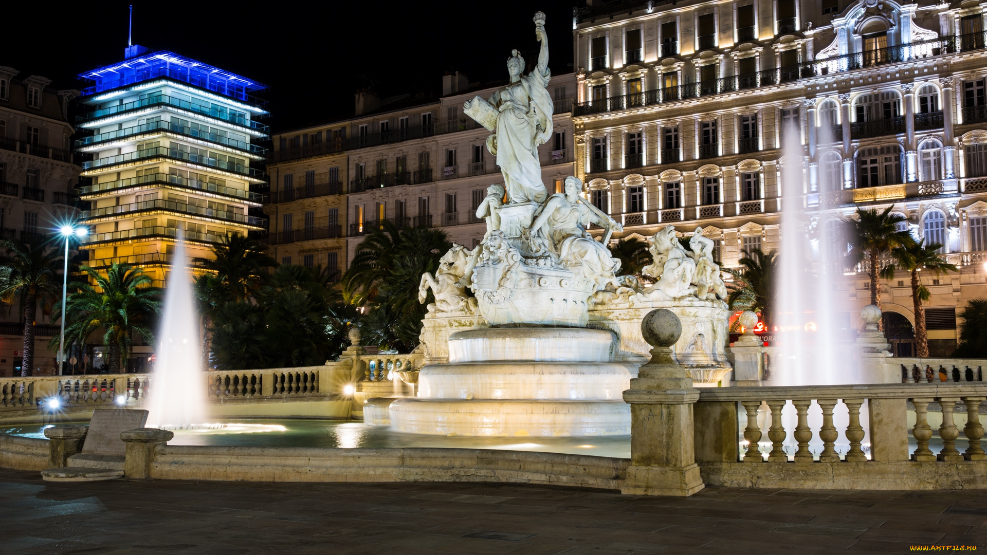 place, de, la, libert&, 233, , toulon, города, -, фонтаны, фонтаны, статуя, площадь, ночь