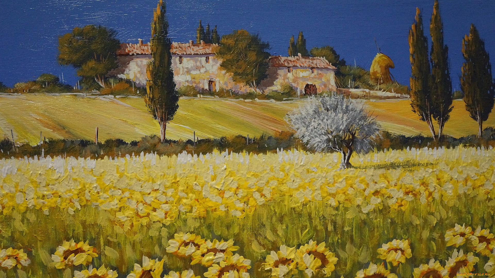 рисованное, природа, деревья, подсолнух, поле, цветы, небо, тоскана, дом, италия, пейзаж