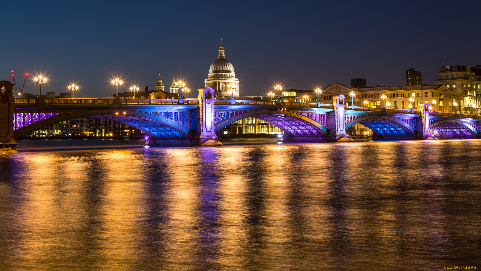 southwark, bridge, and, st, paul`s, cathedral, города, лондон, , великобритания, мост, река, ночь, собор