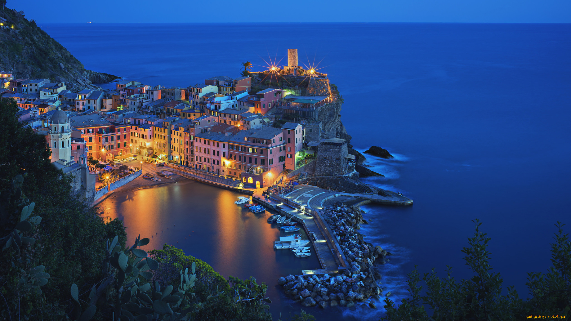 vernazza, города, амальфийское, и, лигурийское, побережье, , италия, ночь, огни, причал, здания