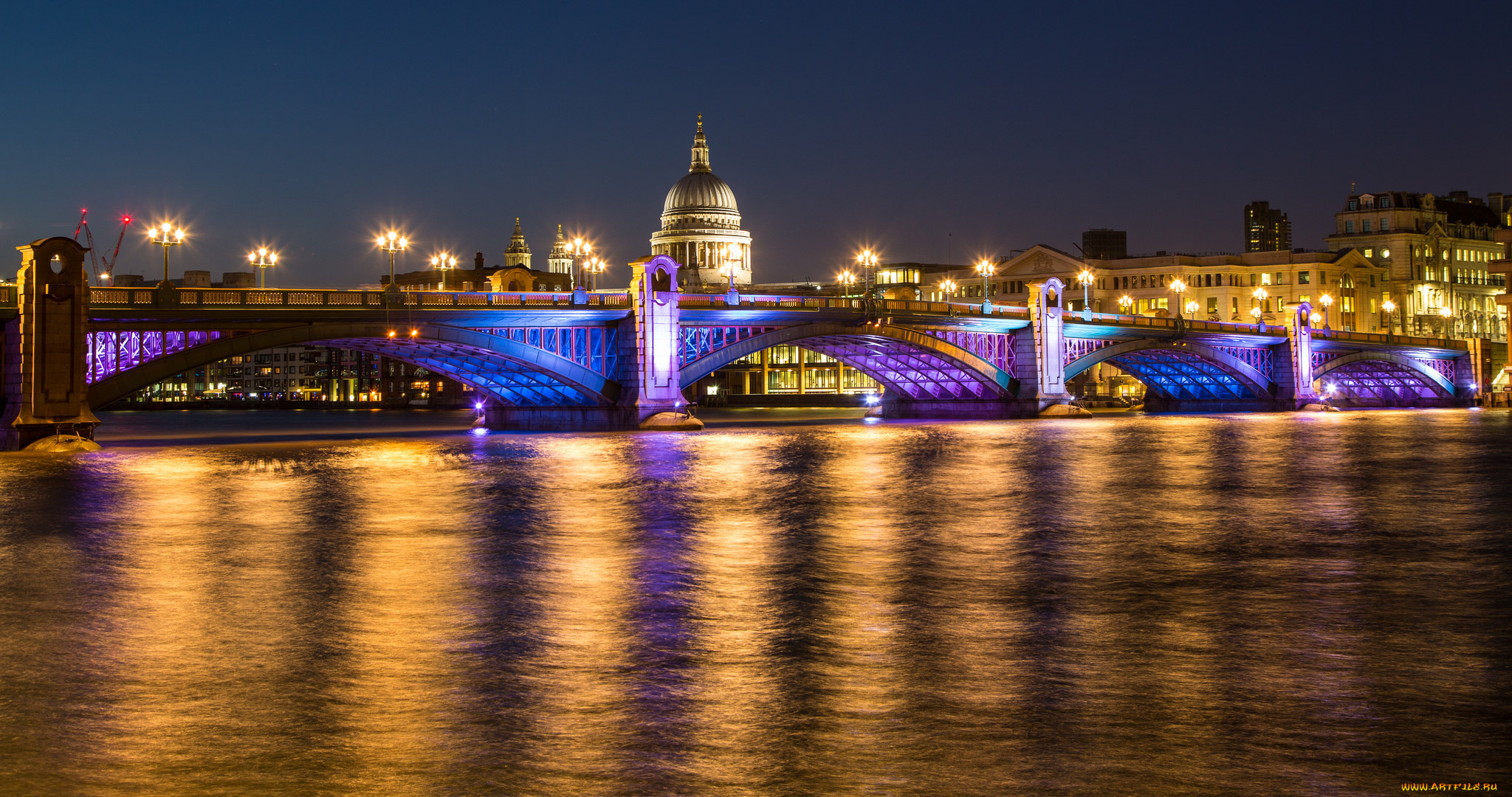 southwark, bridge, and, st, paul`s, cathedral, города, лондон, , великобритания, мост, река, ночь, собор