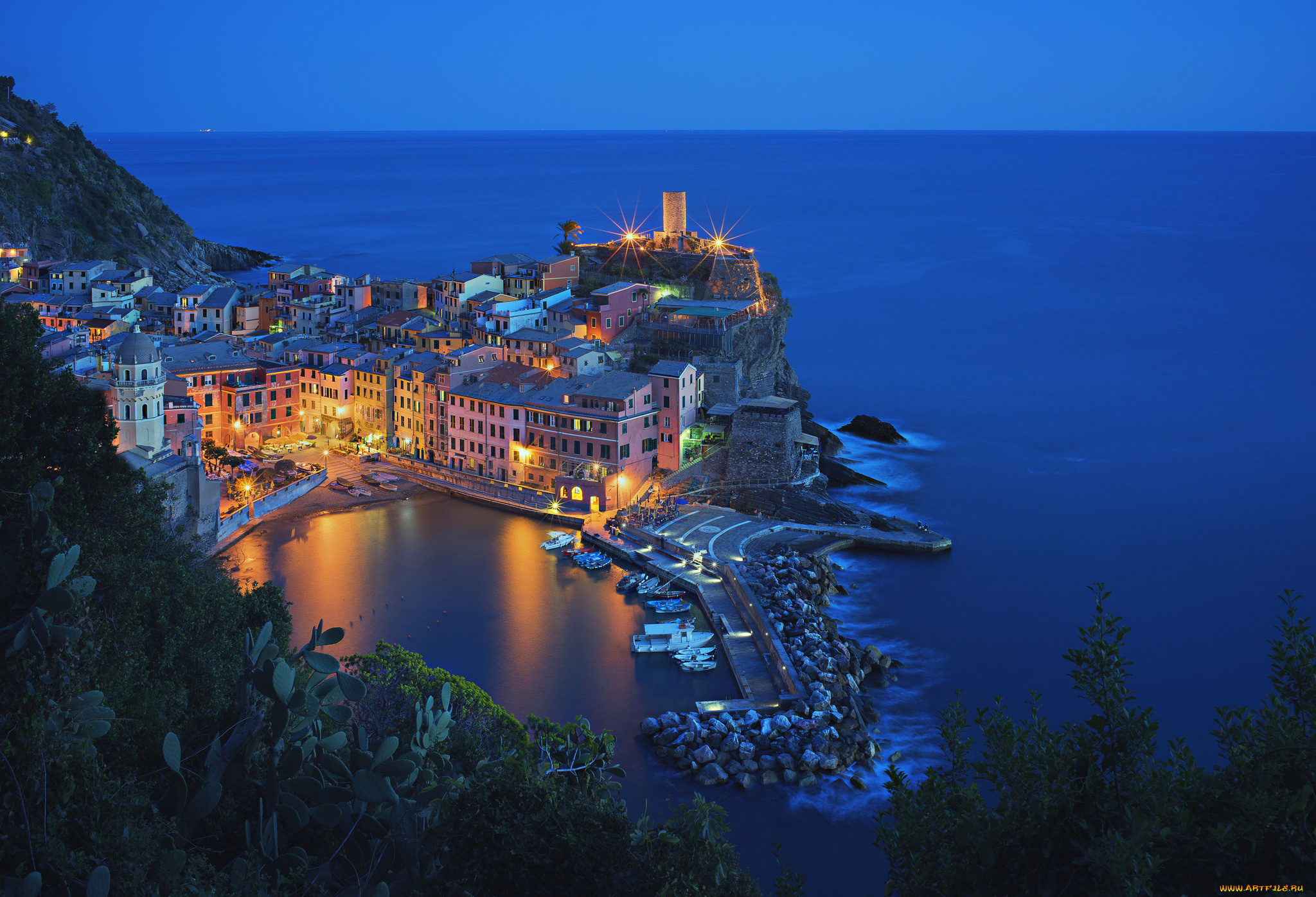 vernazza, города, амальфийское, и, лигурийское, побережье, , италия, ночь, огни, причал, здания