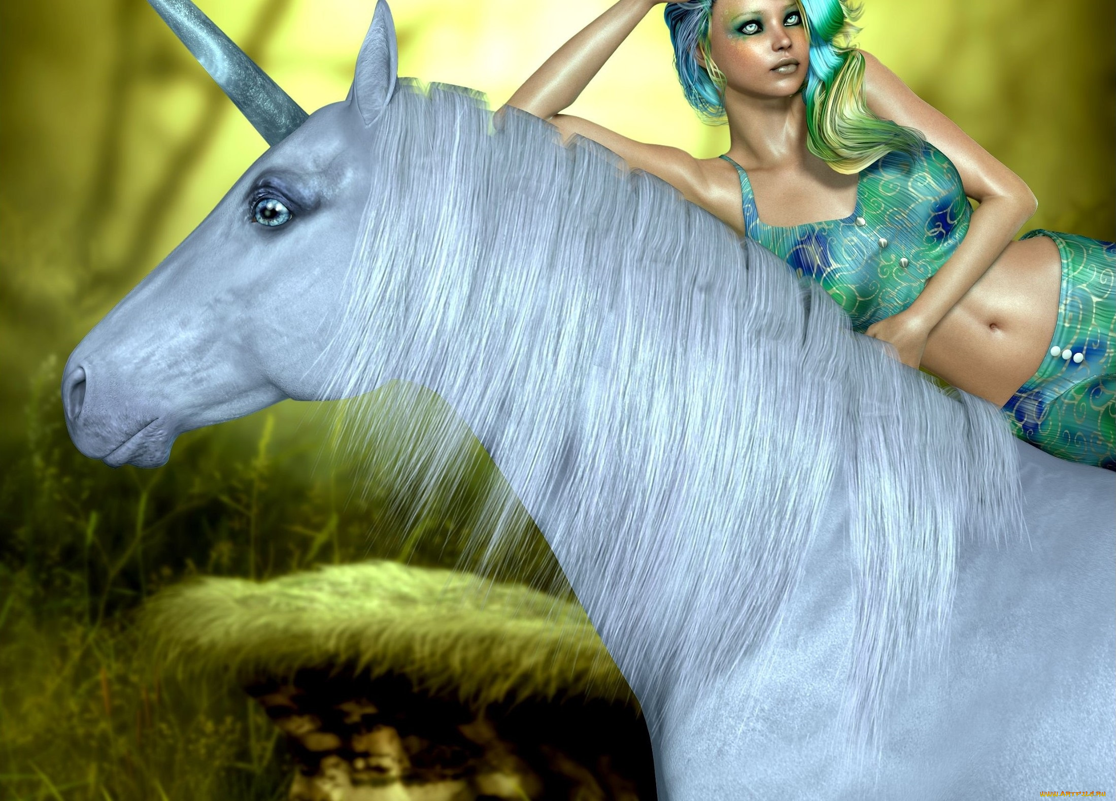 3д, графика, эльфы, , elves, единорог, фон, взгляд, эльфийка