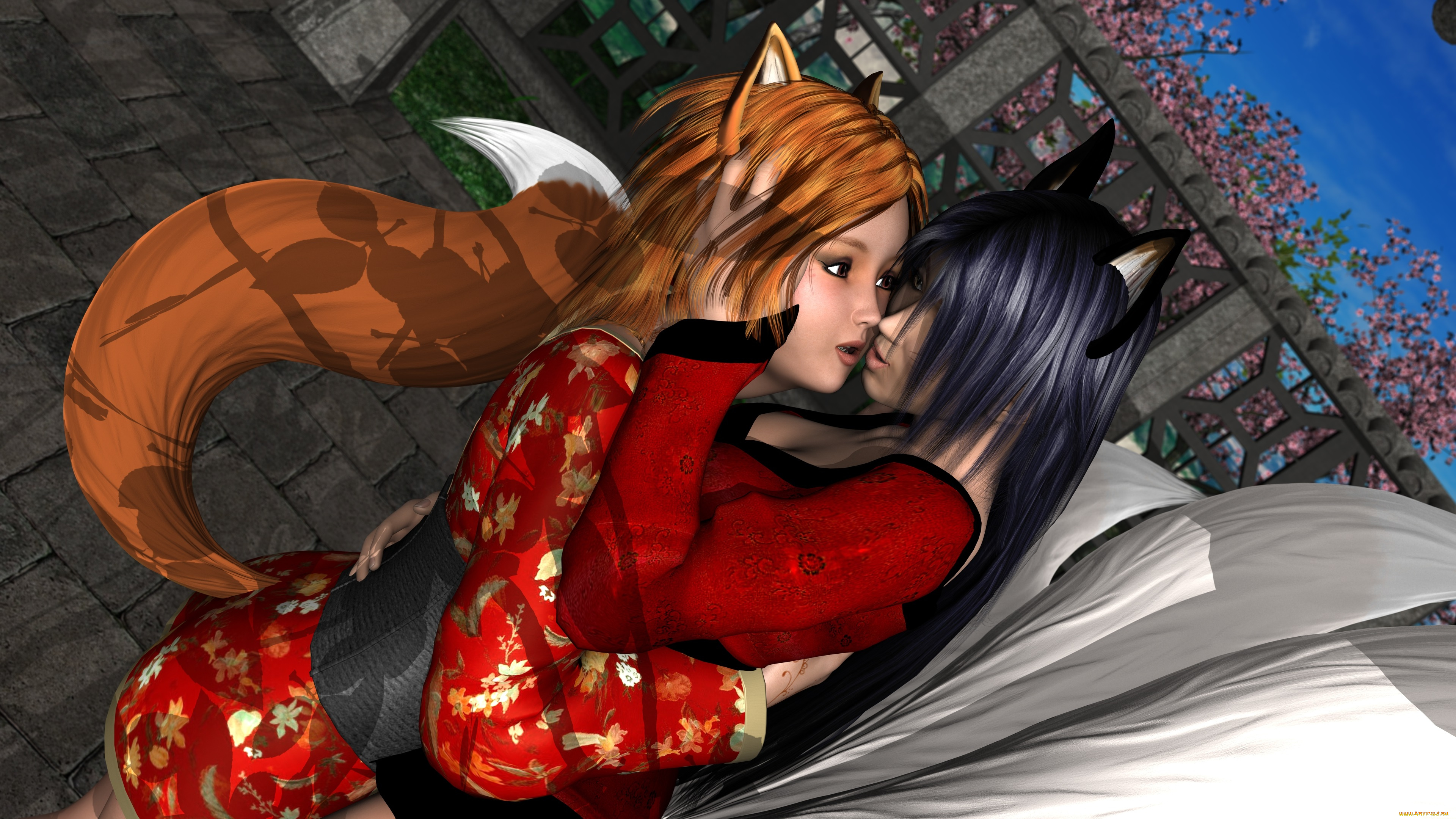 3д, графика, существа, , creatures, фон, взгляд, девушки, кошка