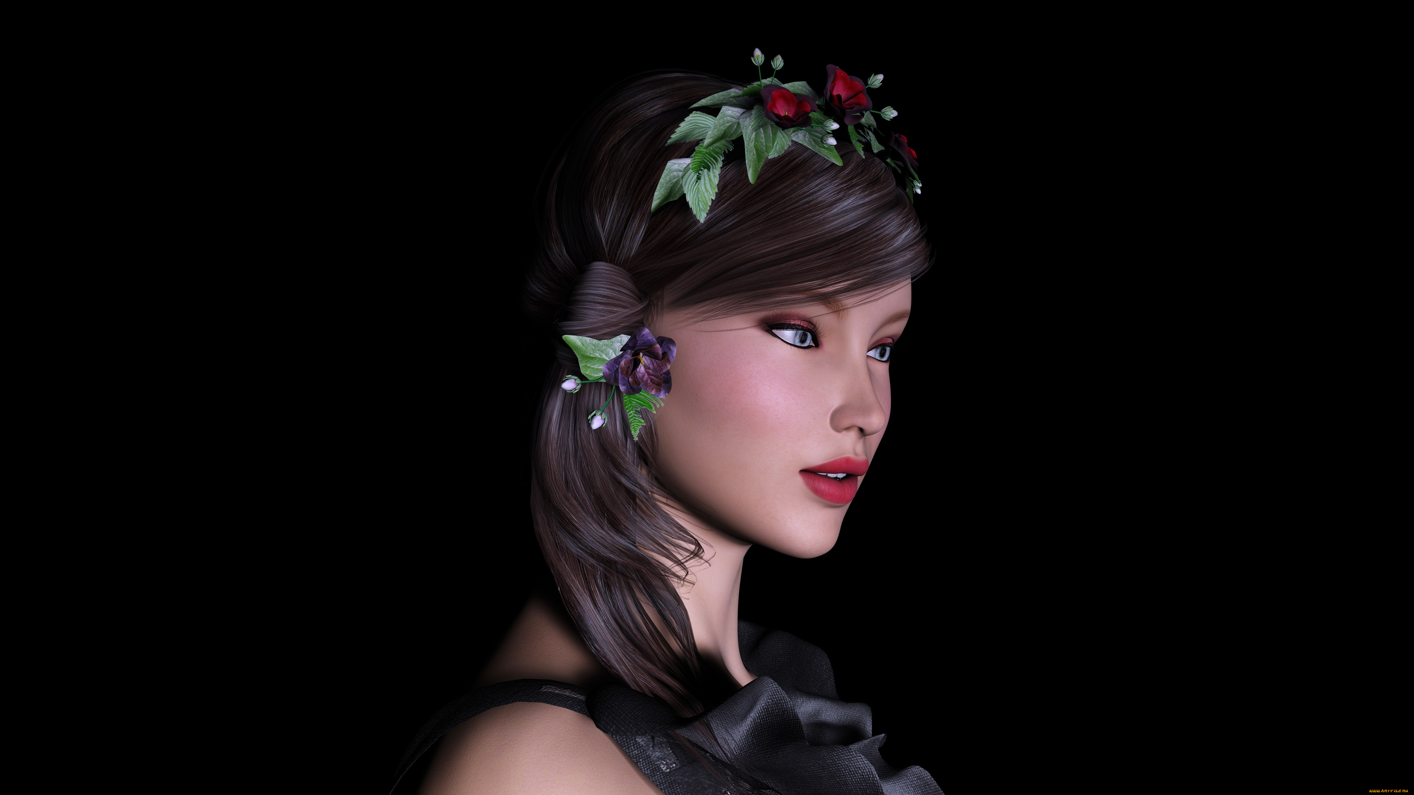 3д, графика, портрет, , portraits, цветы, венок, фон, девушка, взгляд