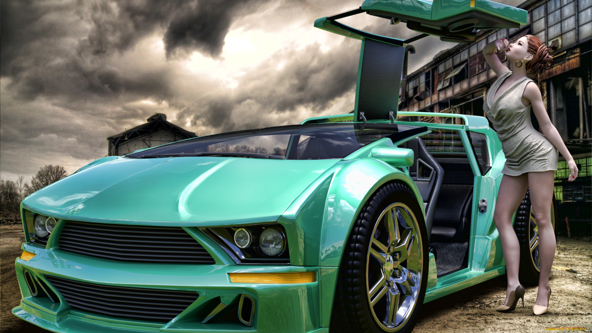 автомобили, 3d, car&girl, автомобиль, фон, взгляд, девушка