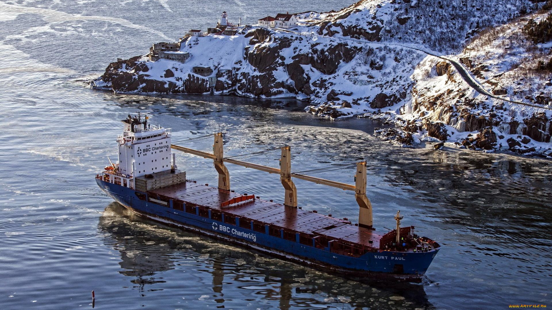 корабли, грузовые, суда, море, лед, судно, скалы, маяк, берег, снег, север