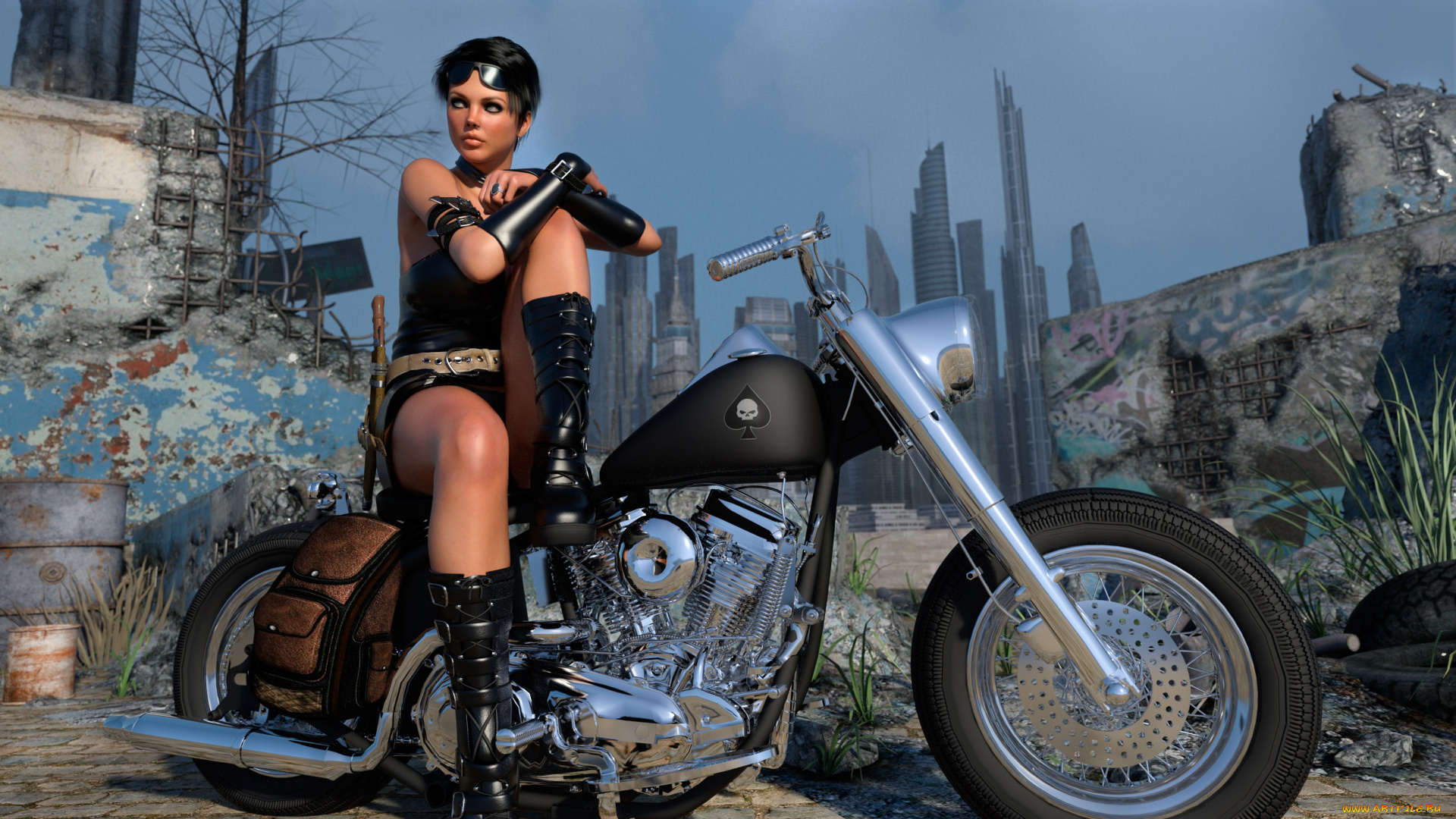 мотоциклы, 3d, фон, мотоцикл, взгляд, девушка