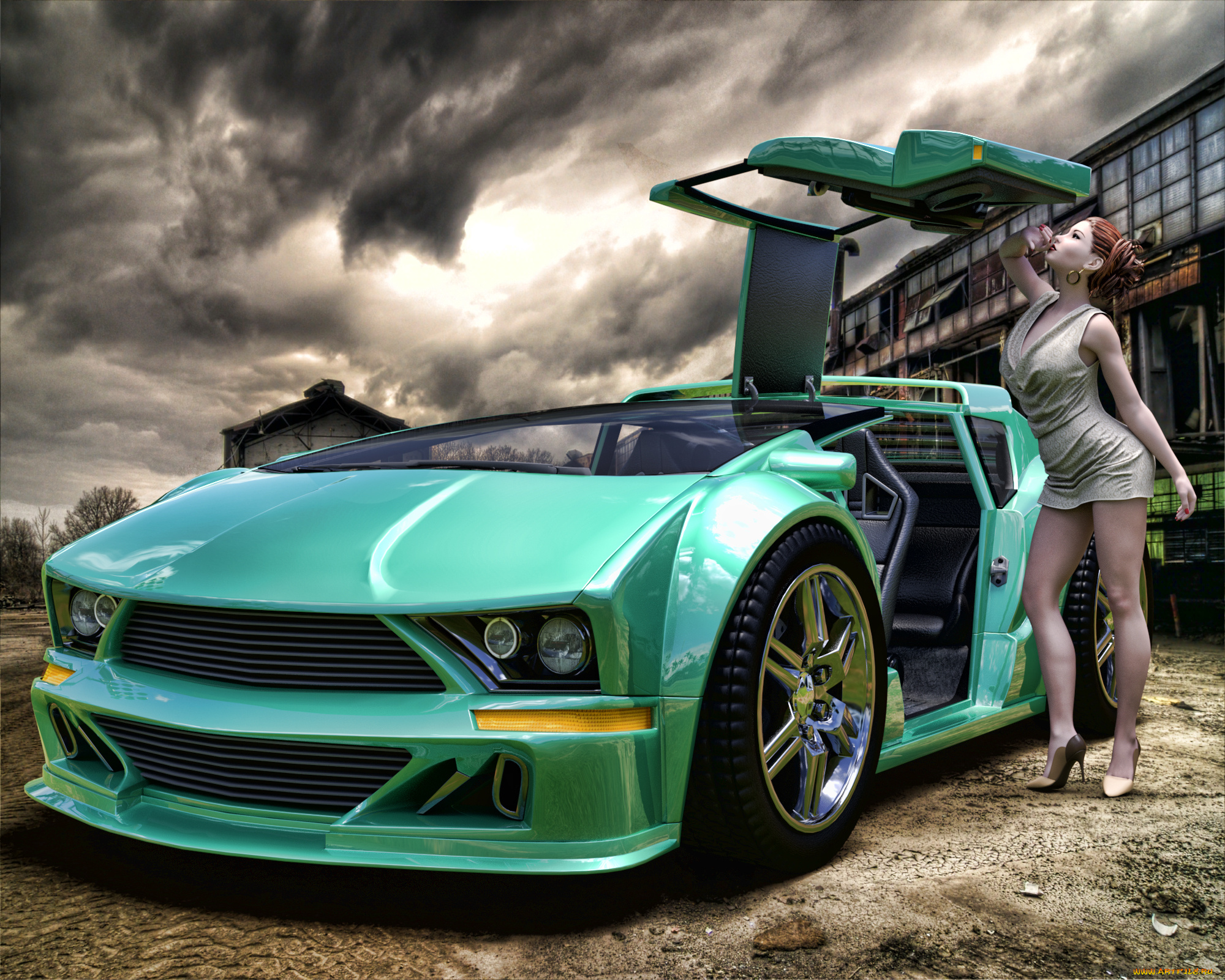 автомобили, 3d, car&girl, автомобиль, фон, взгляд, девушка