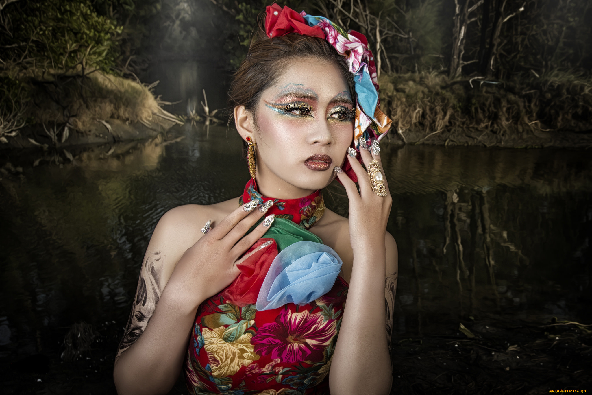 девушки, -unsort, , азиатки, victoria, sun, модель, макияж, грудь, рисунок, цветы