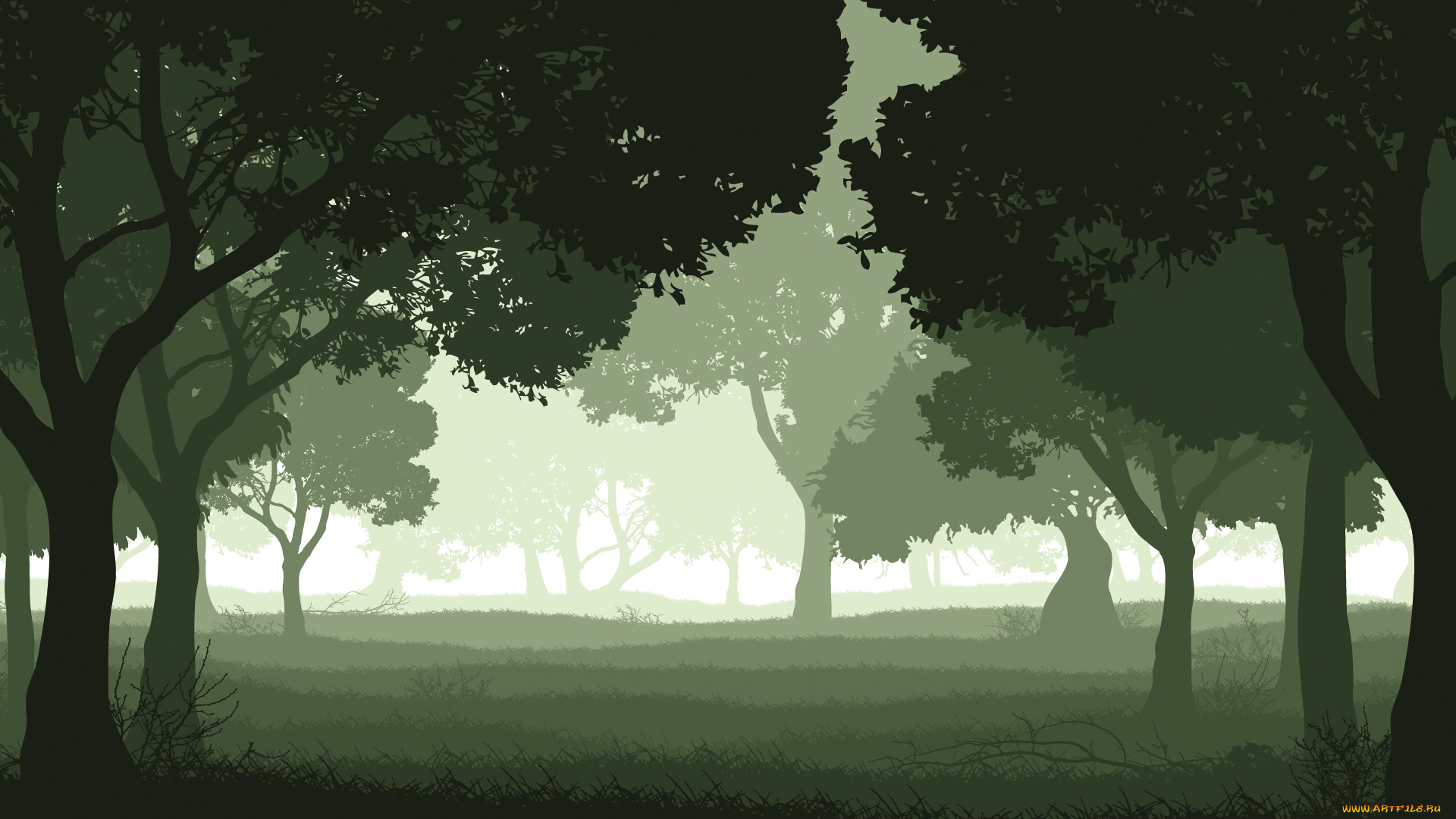 векторная, графика, птицы, , птицы, фон, деревья