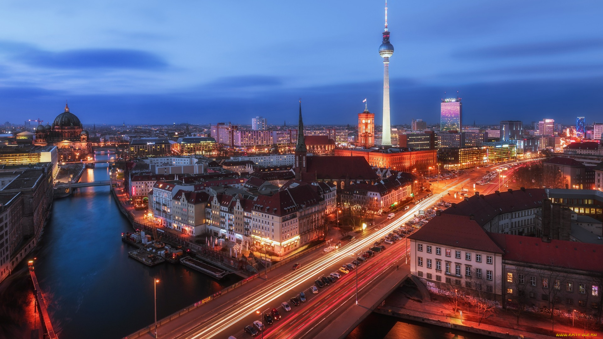 города, берлин, , германия, утро, вечер, берлин, небо, огни, город