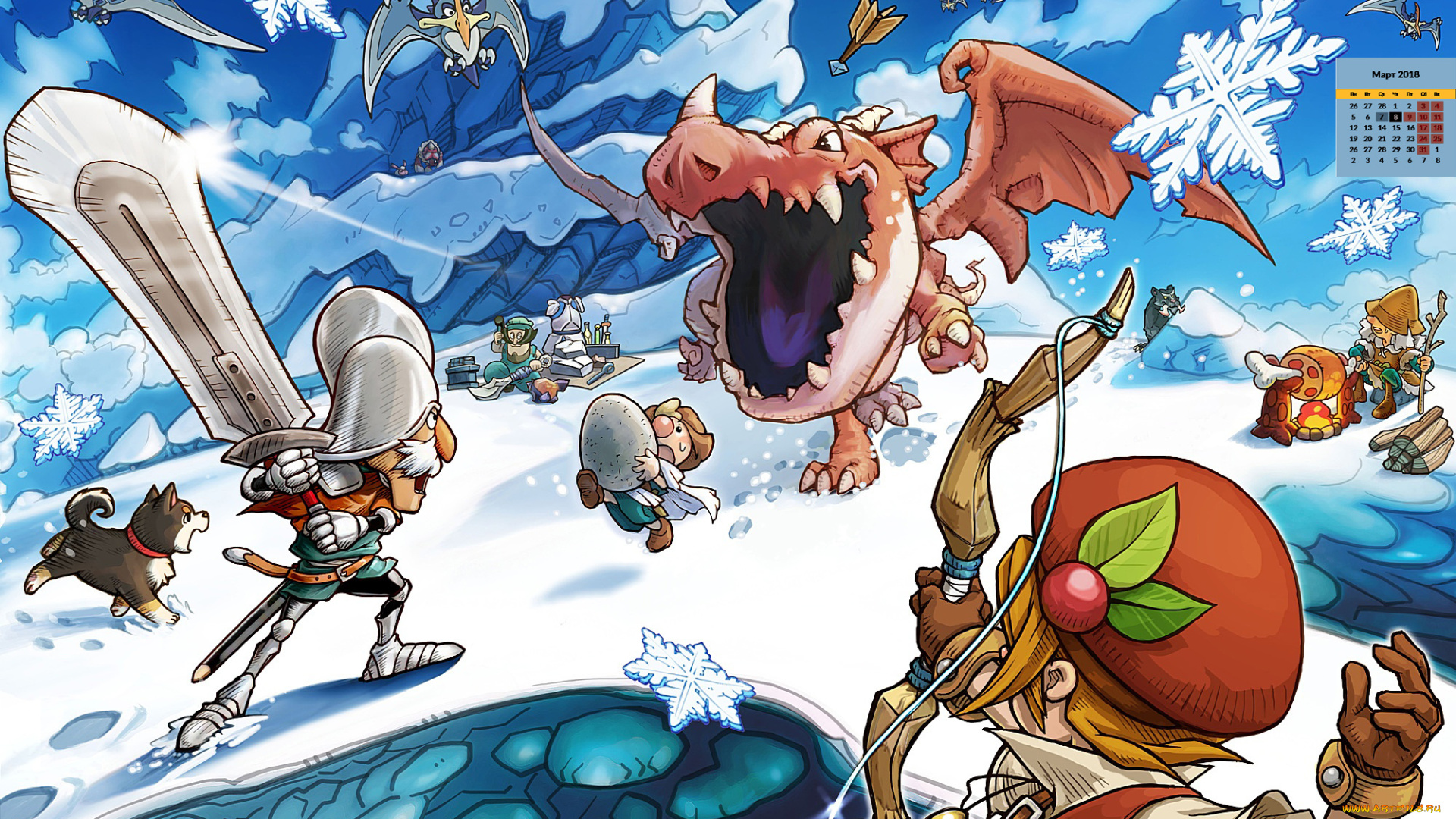 календари, фэнтези, снежинка, существо, воин, 2018, собака, меч