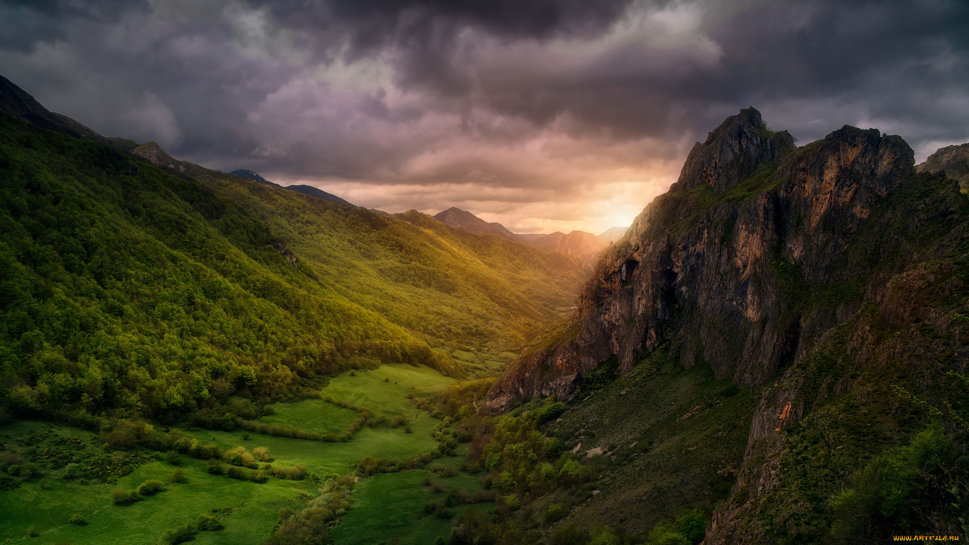 природа, восходы, закаты, горы, небо, долина, облака, тучи, свет, деревья, леса, лес